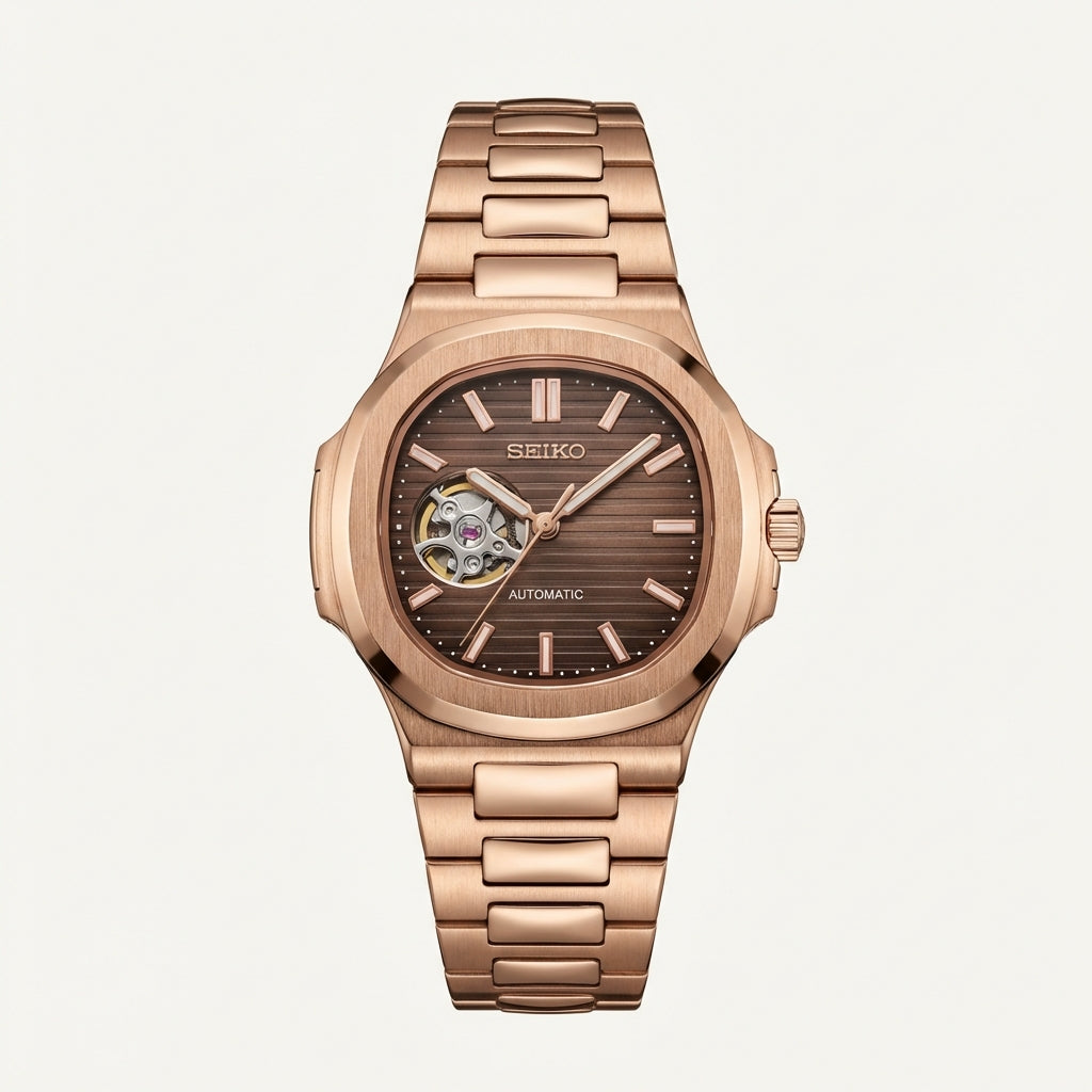 Rose Gold Brown Dial Open-Heart Automatic Watch