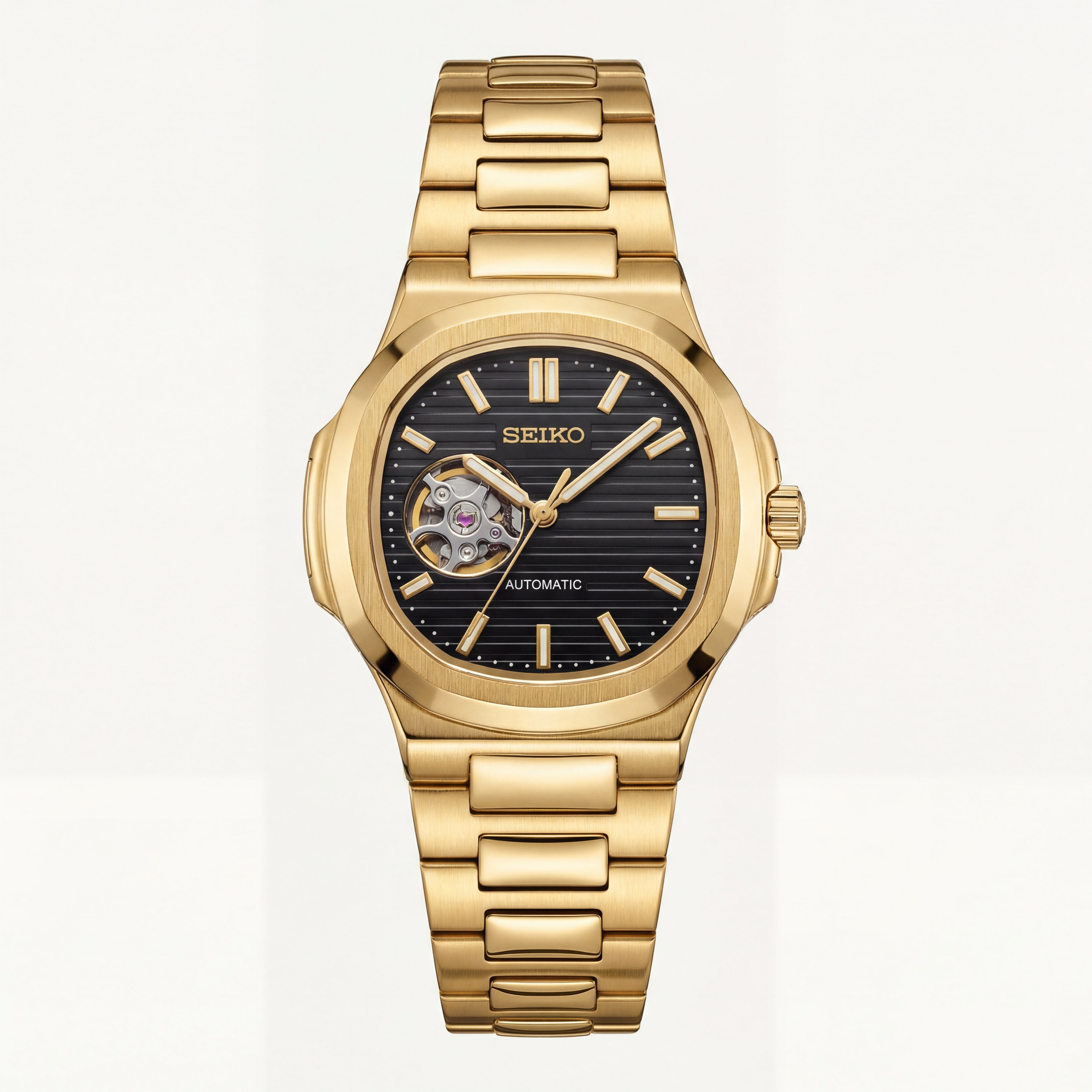 Gold Black Dial Open-Heart Automatic Steel Watch