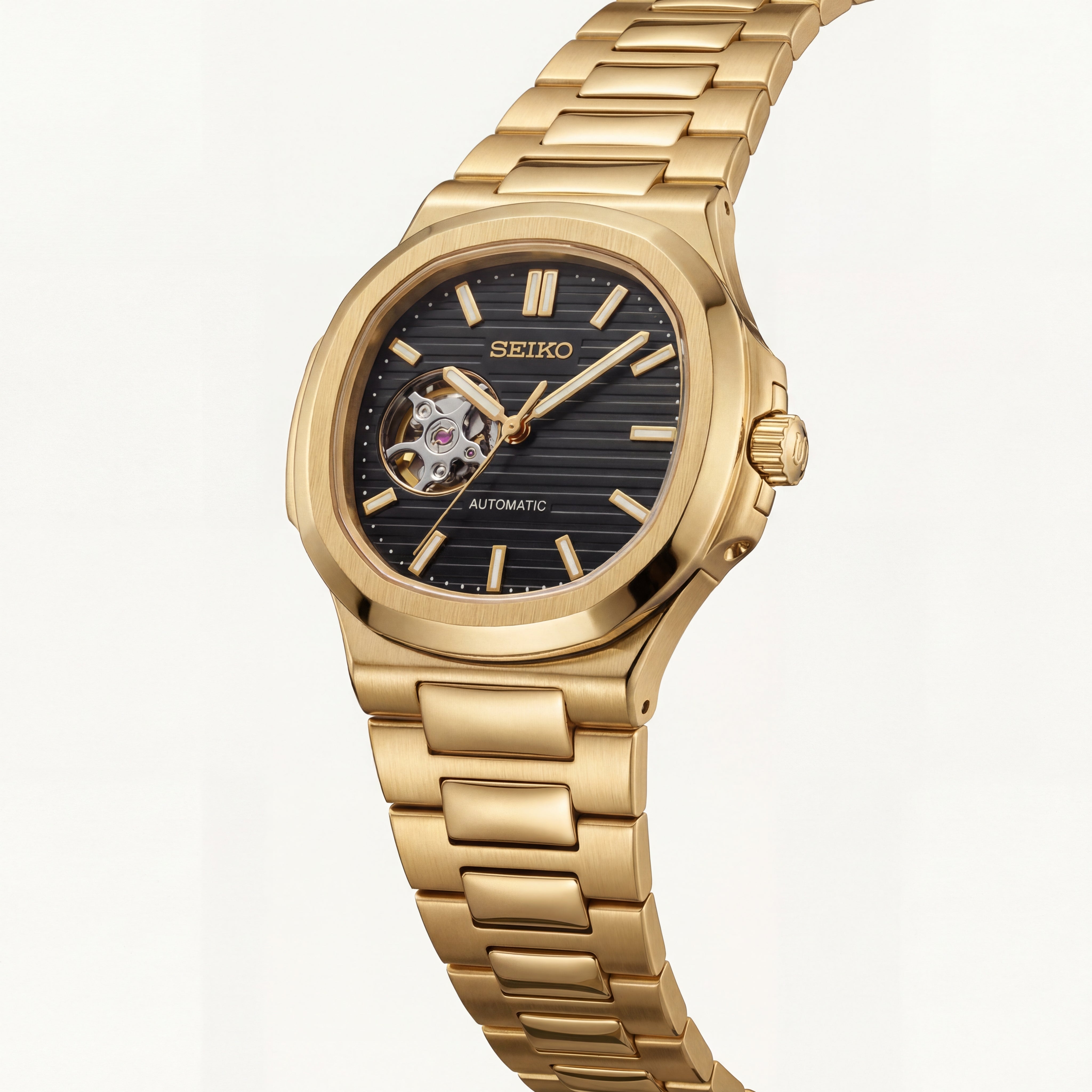 Gold Black Dial Open-Heart Automatic Steel Watch