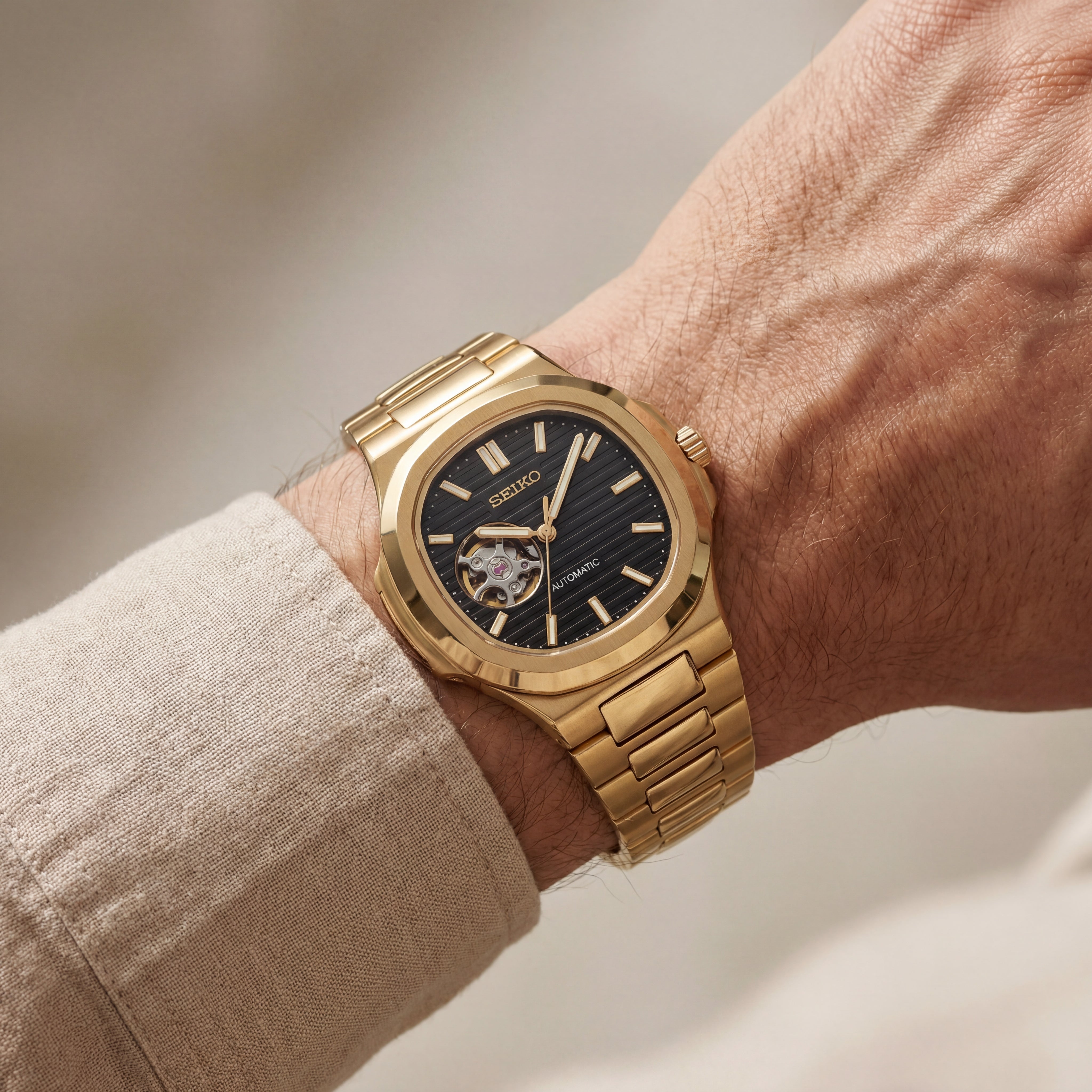 Gold Black Dial Open-Heart Automatic Steel Watch