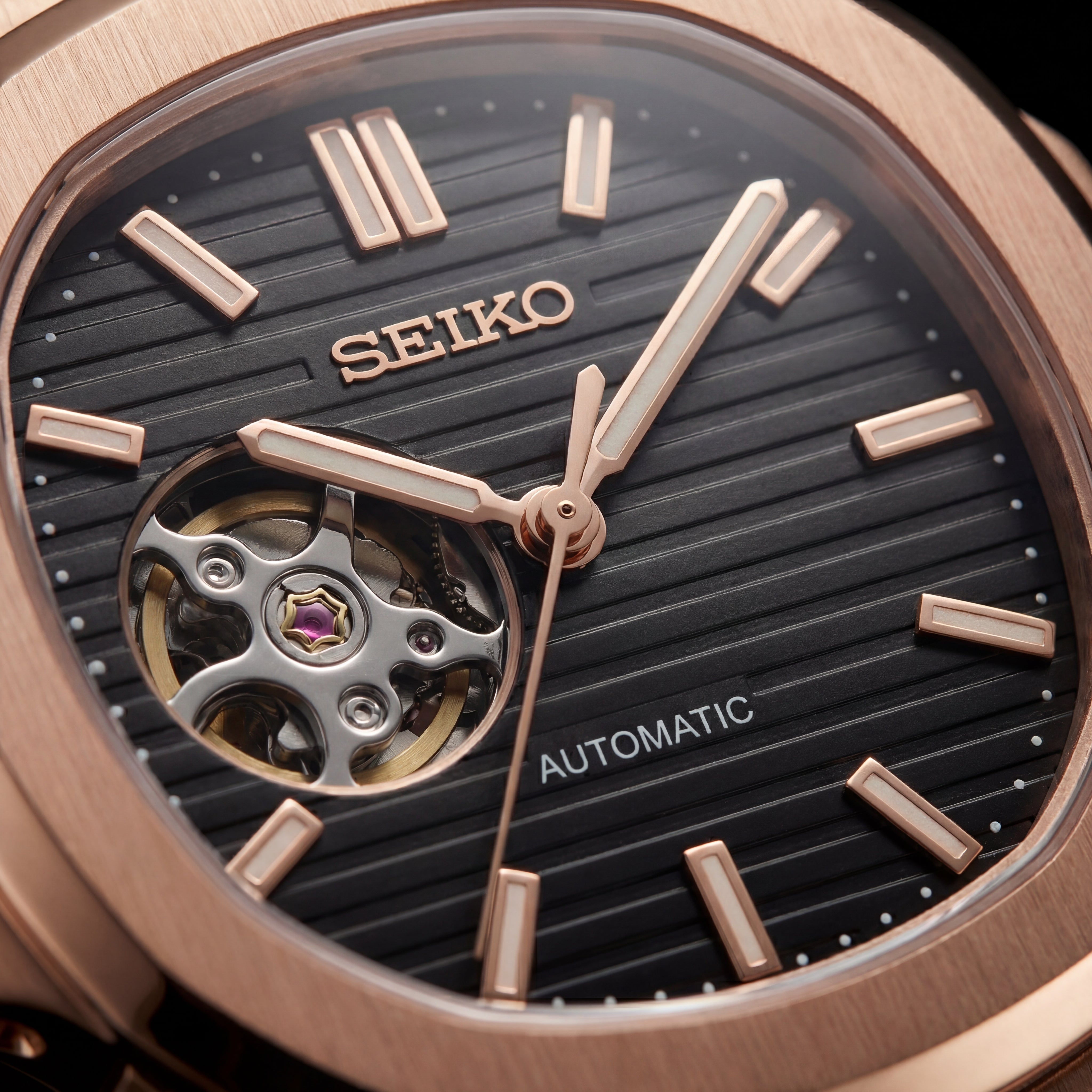 Rose Gold Black Dial Open-Heart Automatic Watch