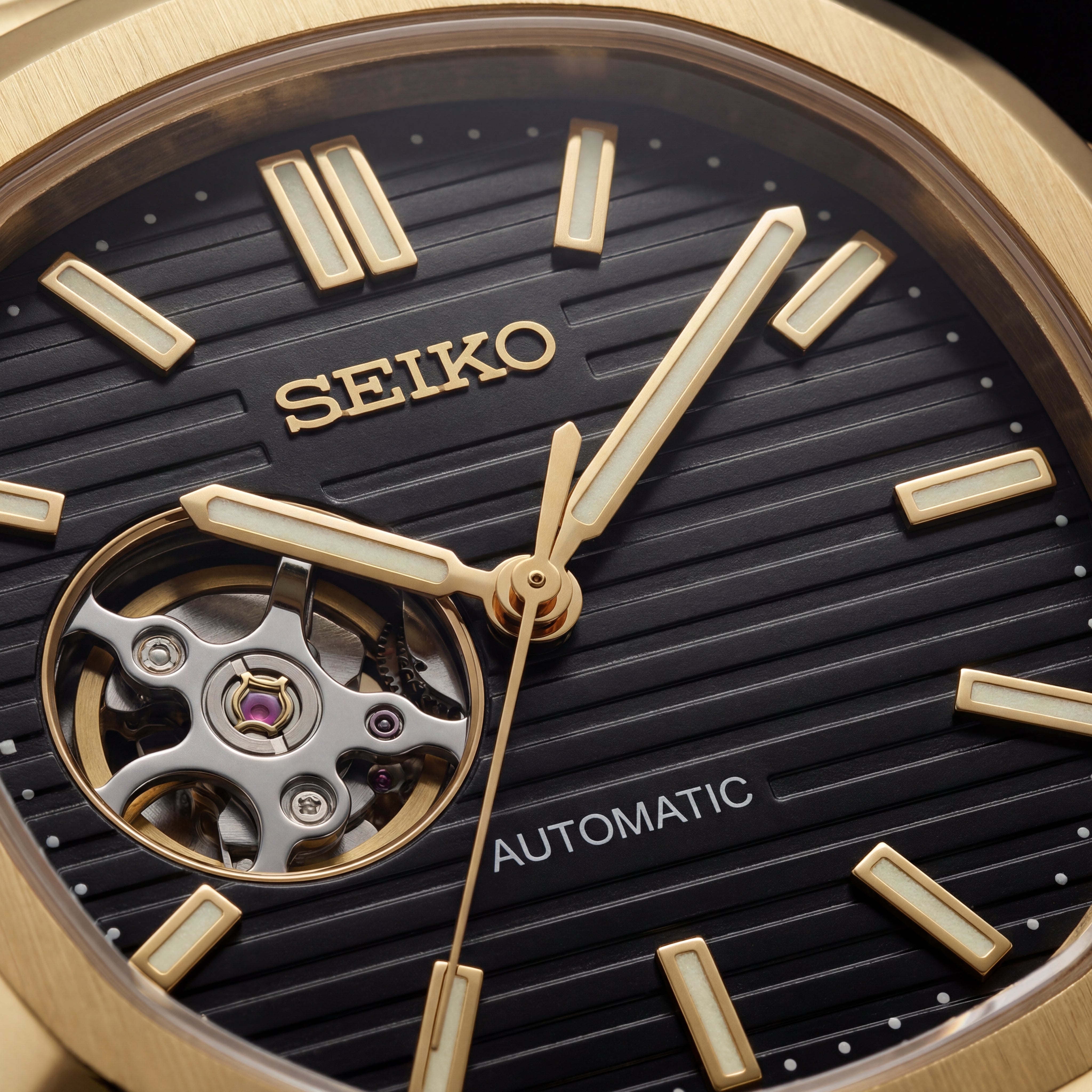 Gold Black Dial Open-Heart Automatic Steel Watch