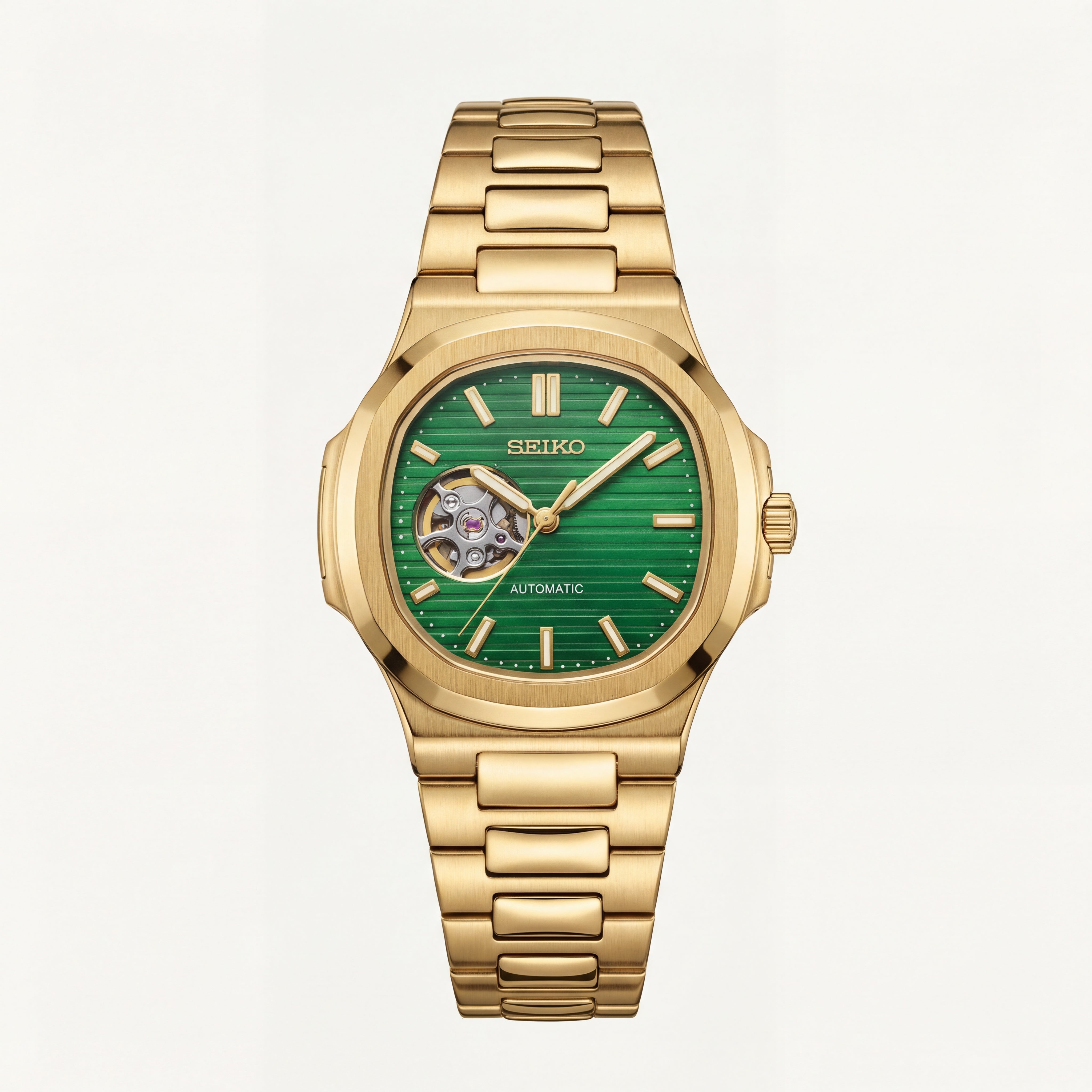 Gold Green Dial Open-Heart Automatic Steel Watch