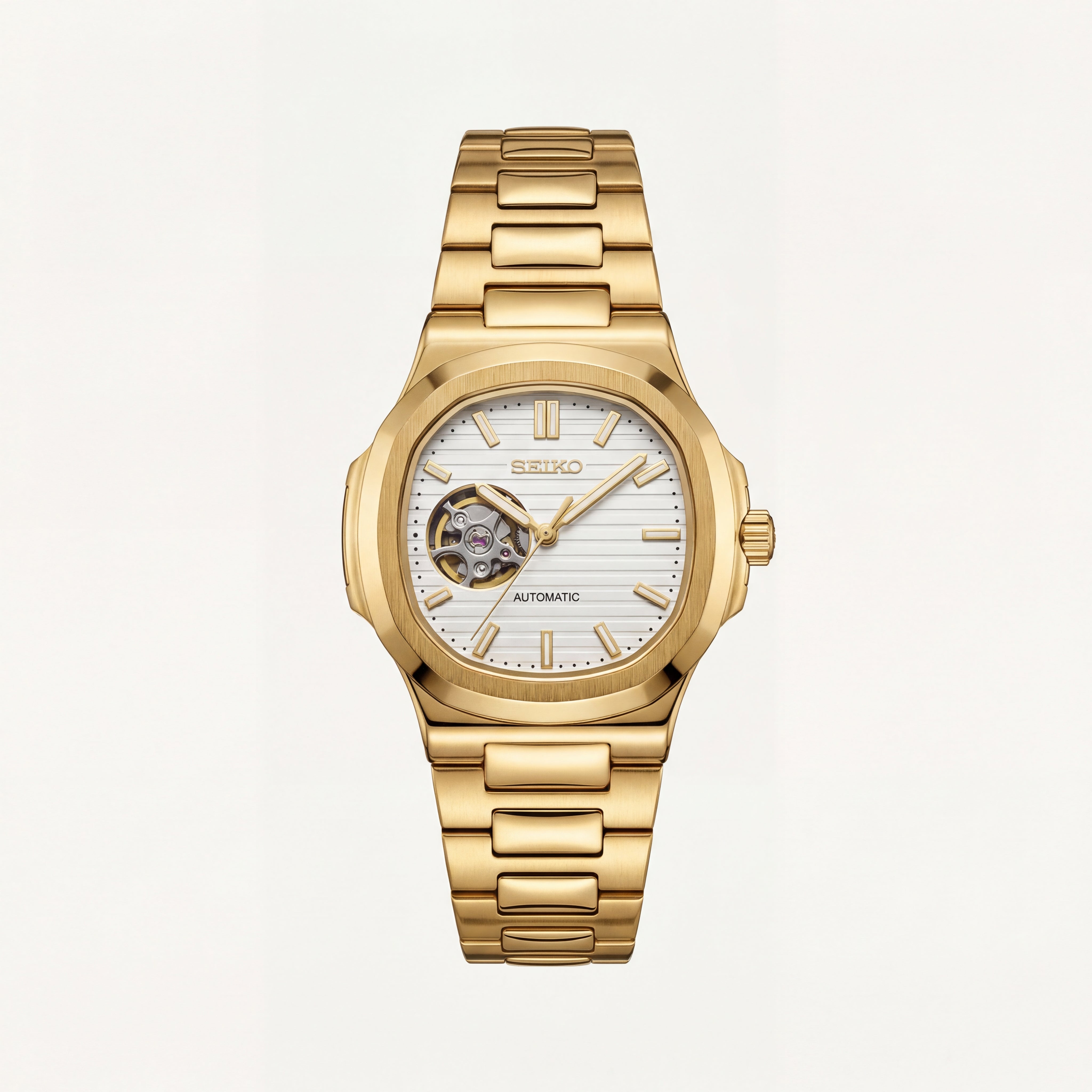 Gold Ivory Dial Open-Heart Automatic Steel Watch