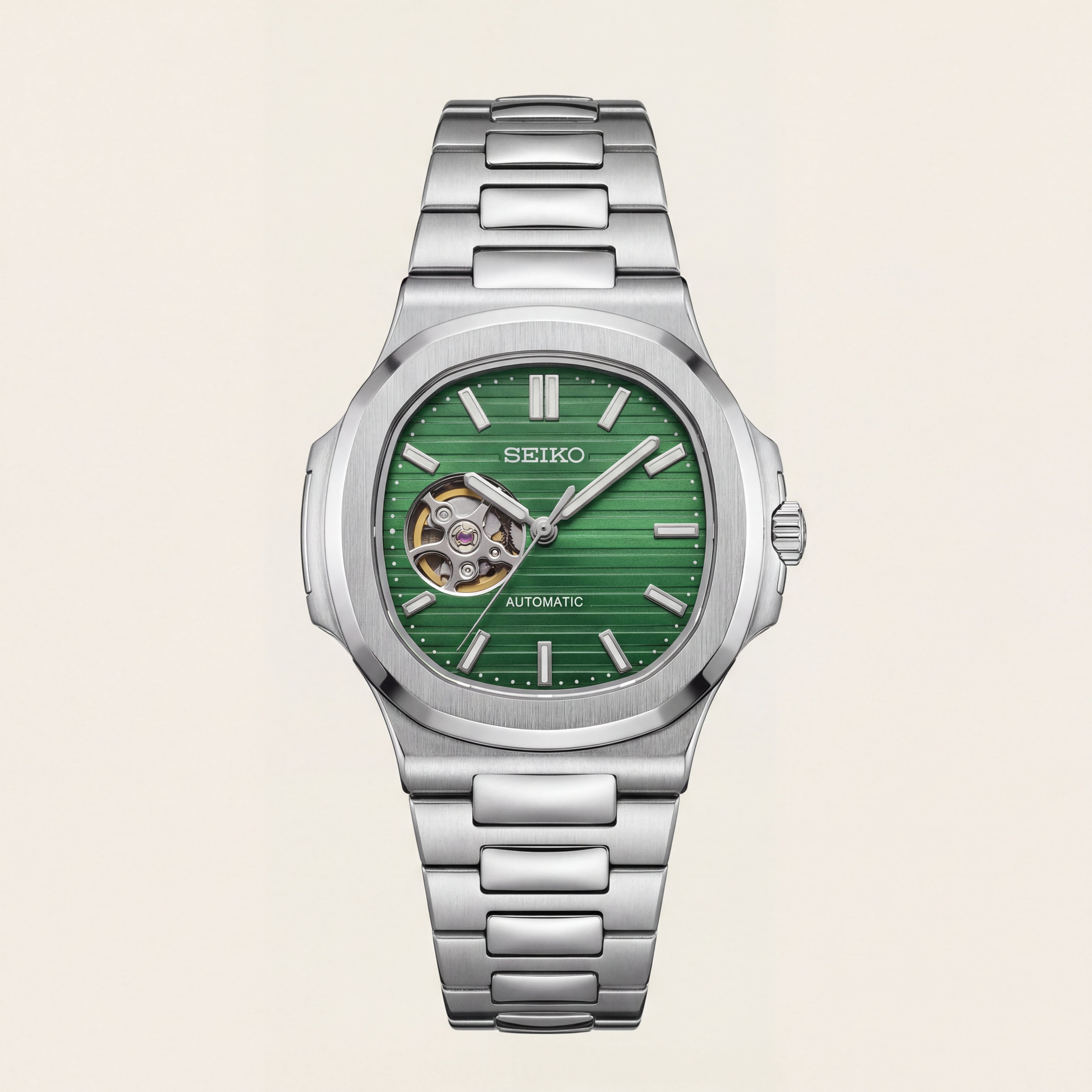 Silver Green Dial Open-Heart Automatic Steel Watch