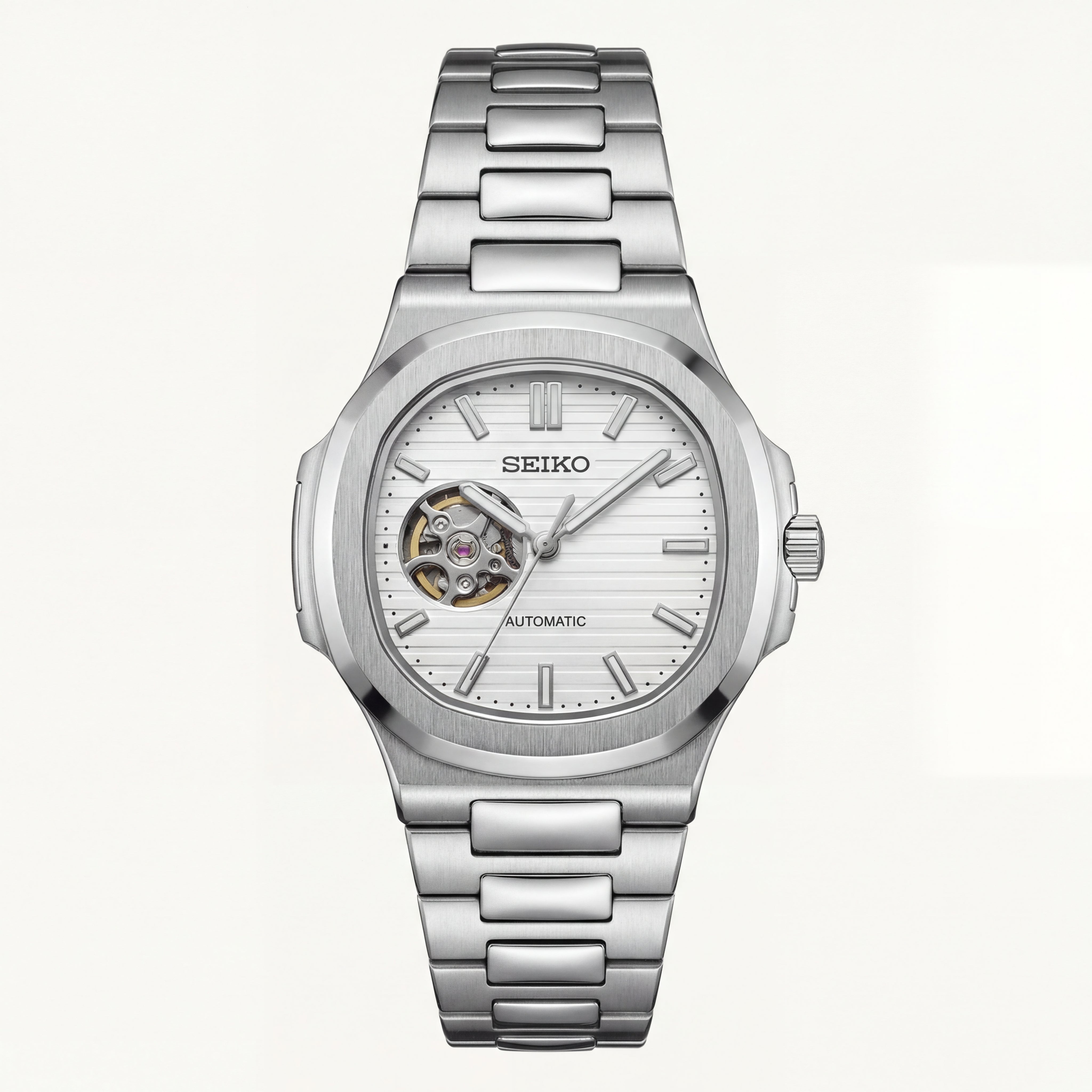 Silver Ivory Dial Open-Heart Automatic Steel Watch