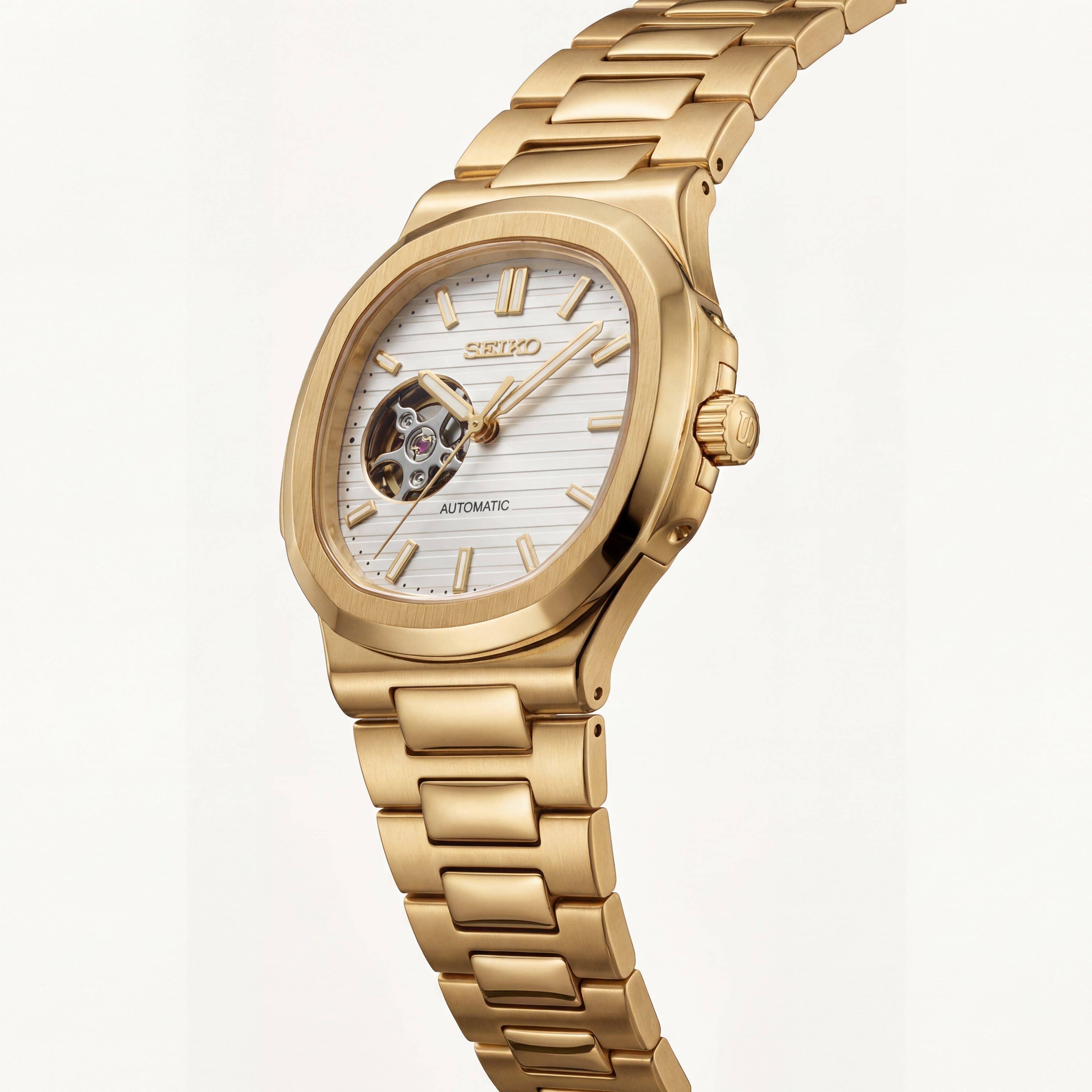 Gold Ivory Dial Open-Heart Automatic Steel Watch