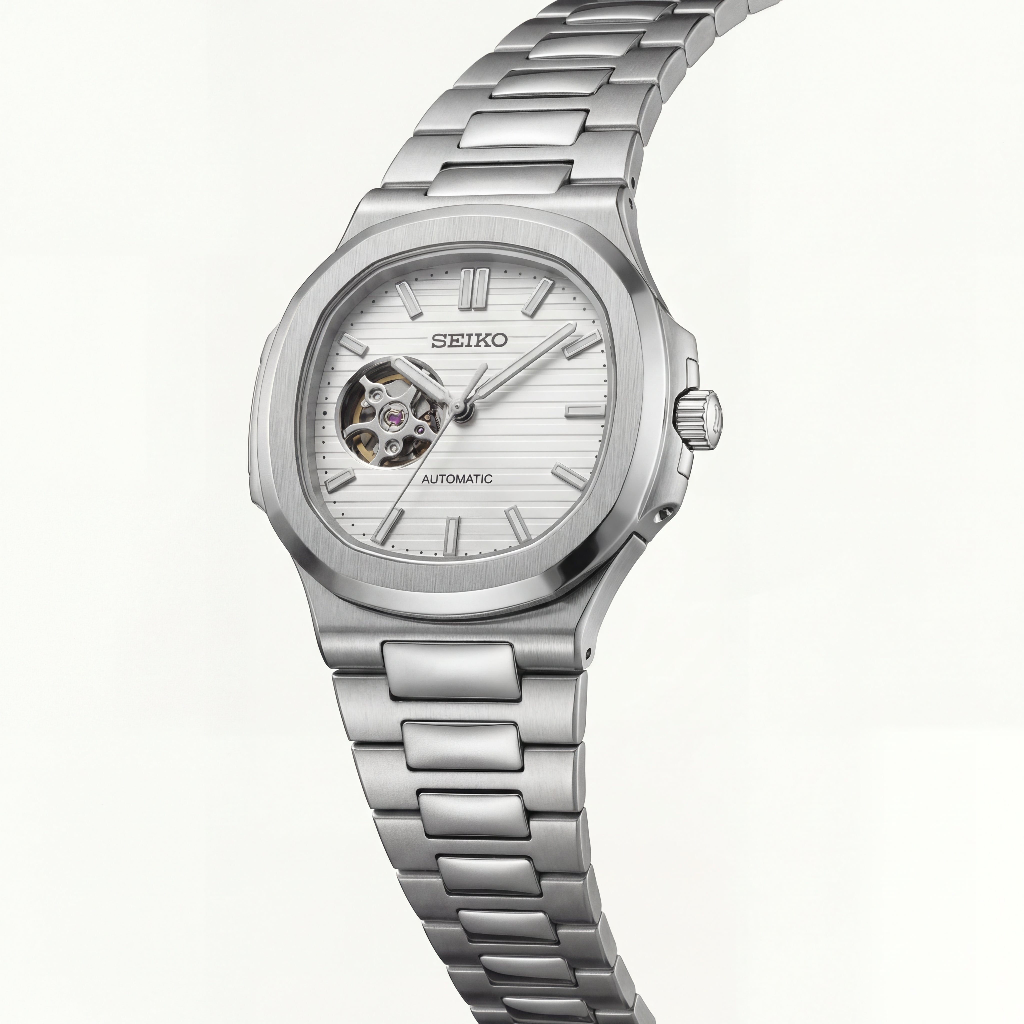 Silver Ivory Dial Open-Heart Automatic Steel Watch