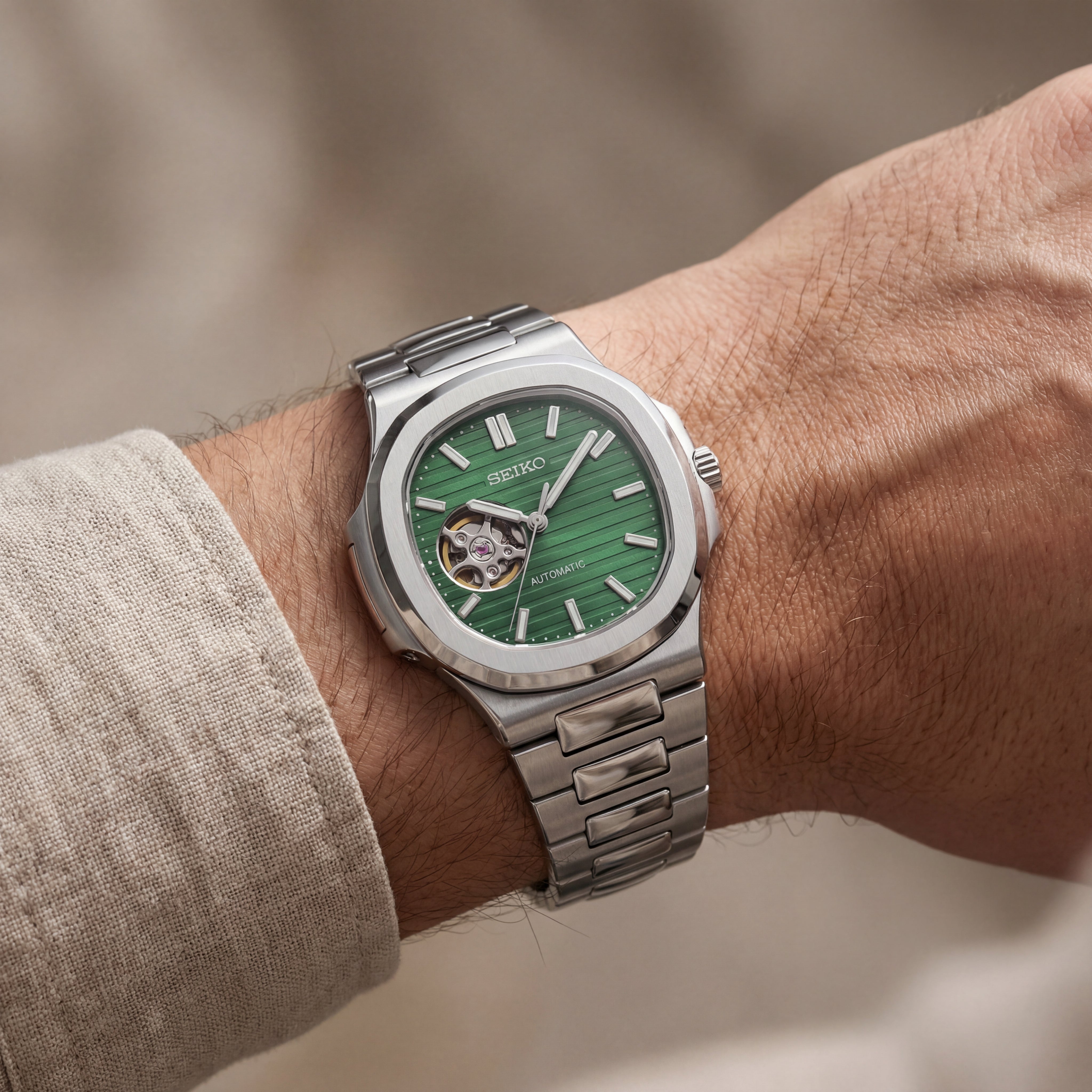 Silver Green Dial Open-Heart Automatic Steel Watch