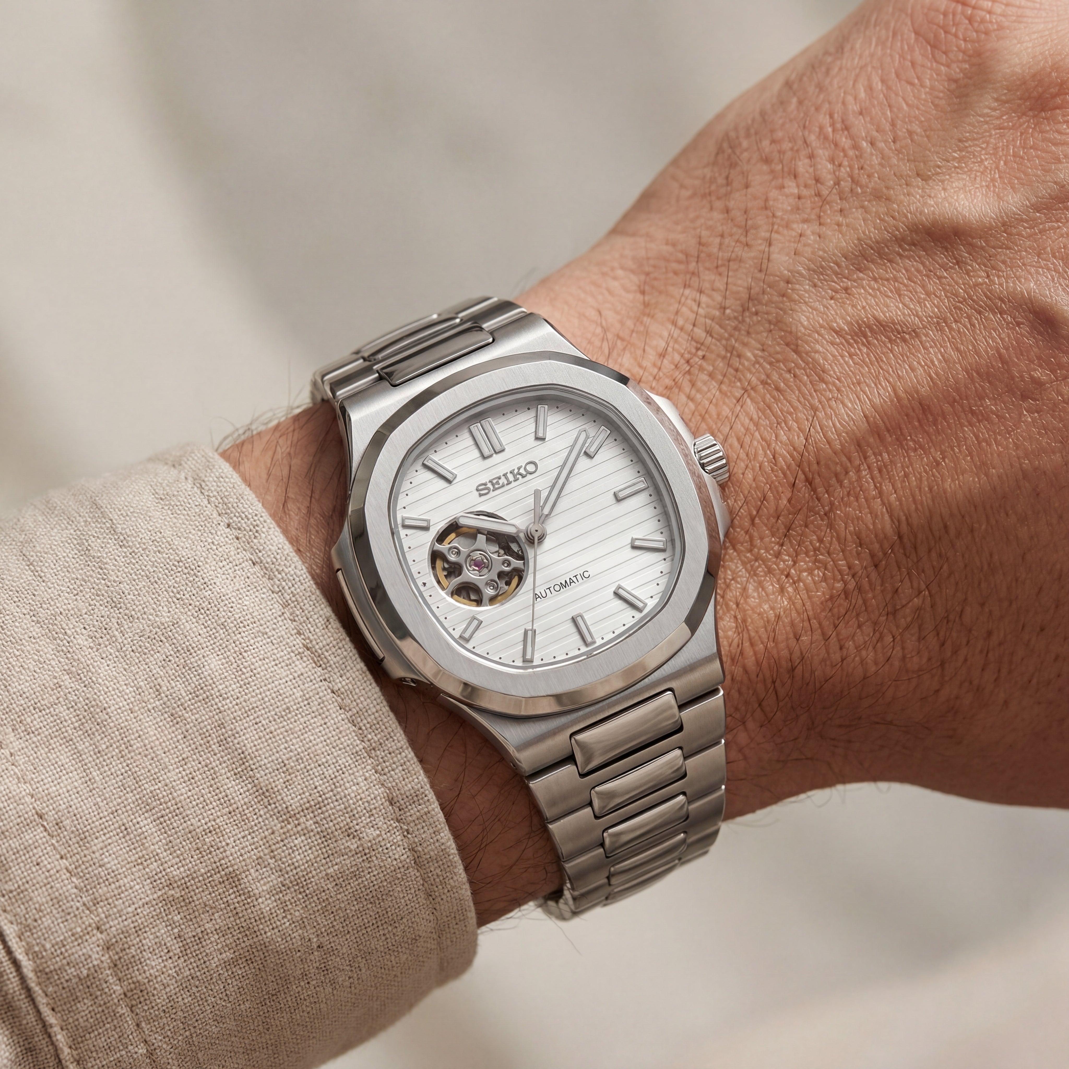 Silver Ivory Dial Open-Heart Automatic Steel Watch