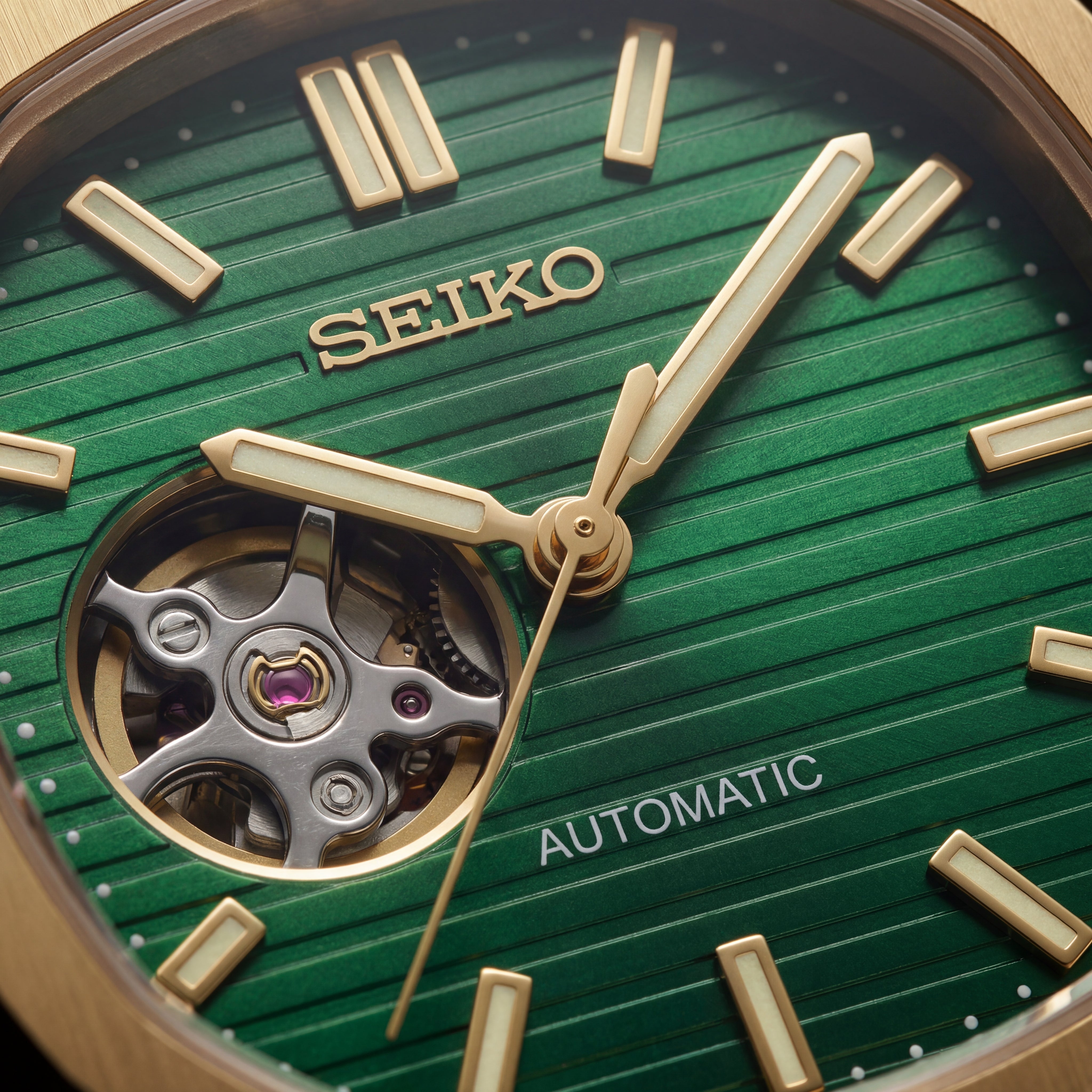 Gold Green Dial Open-Heart Automatic Steel Watch