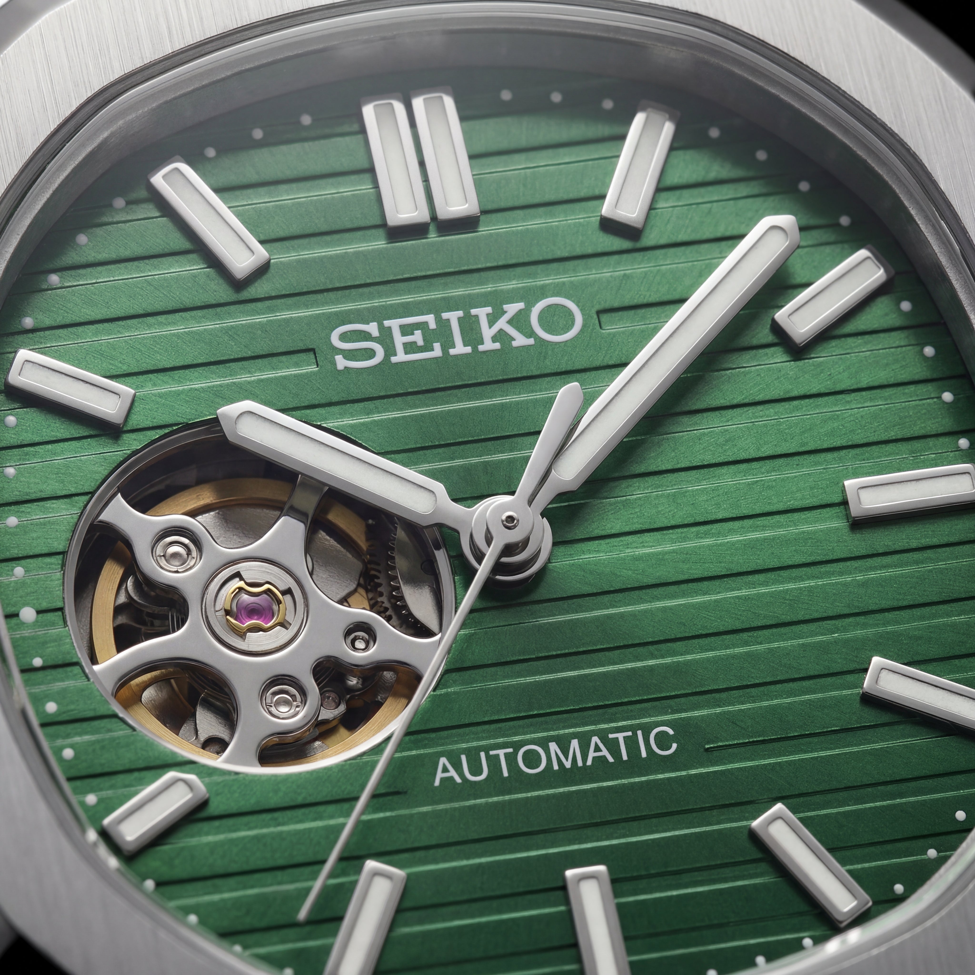 Silver Green Dial Open-Heart Automatic Steel Watch