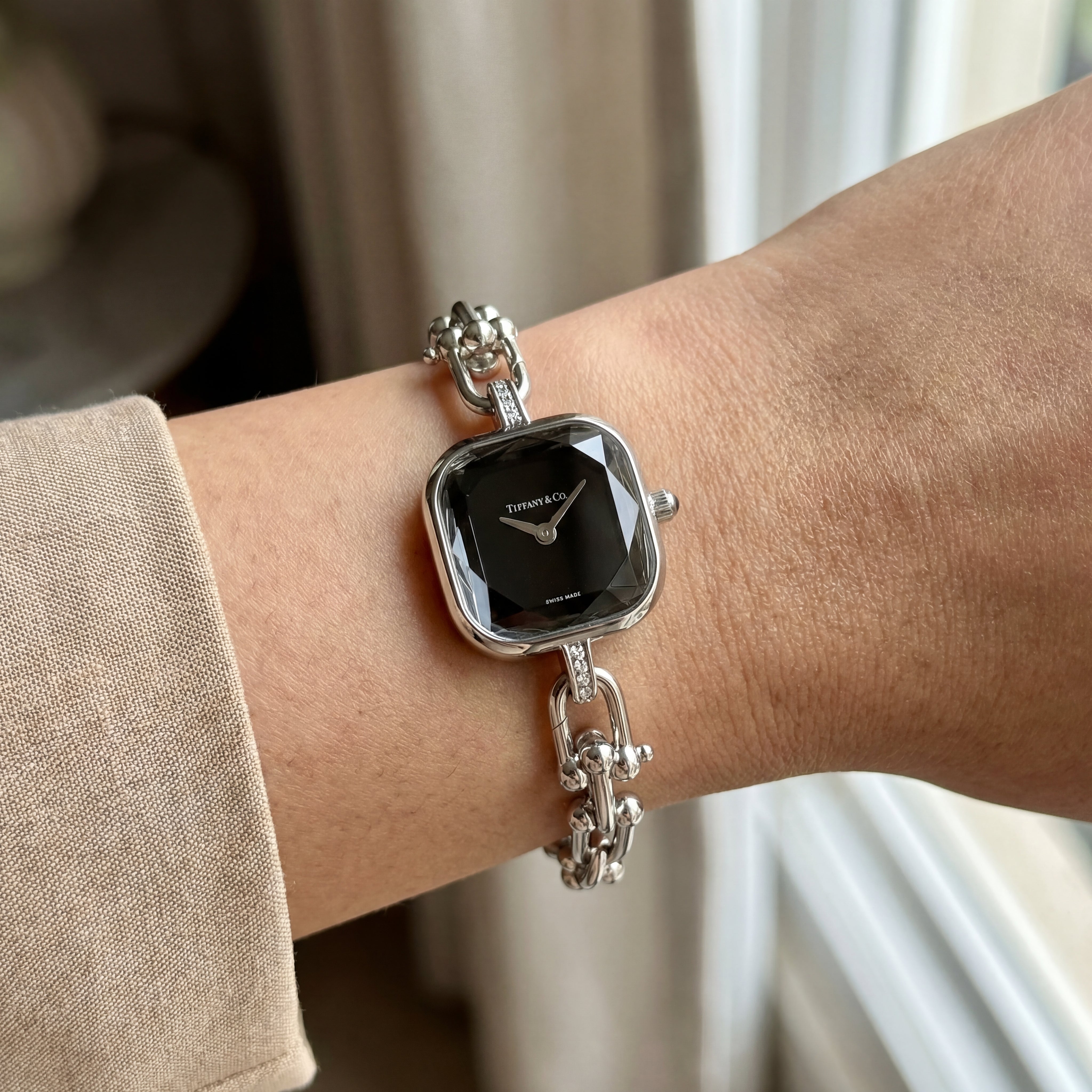 Silver Square Case Midnight Black Faceted Dial Jewelry Bracelet Watch – Women