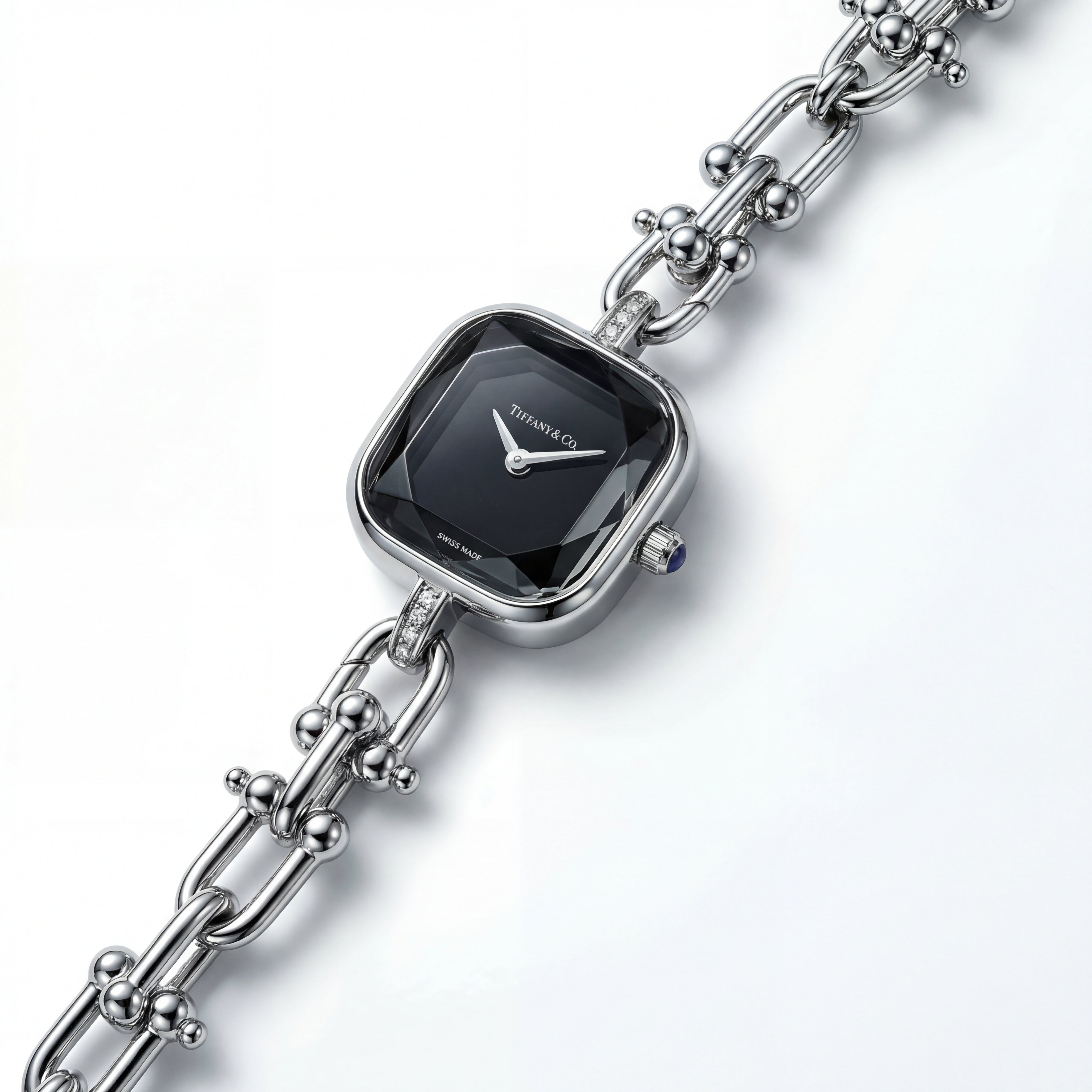 Silver Square Case Midnight Black Faceted Dial Jewelry Bracelet Watch – Women
