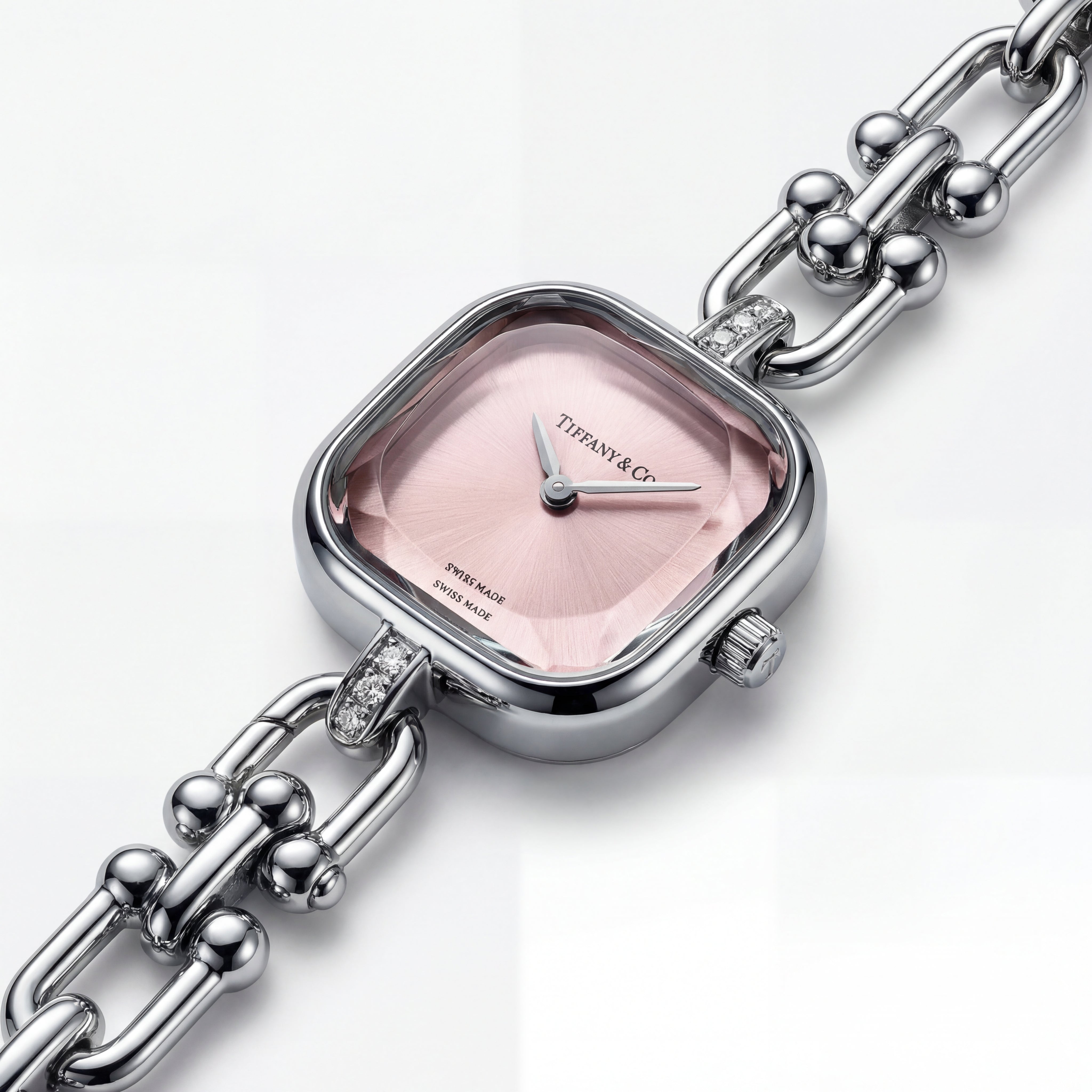 Silver Square Case Rose Pink Faceted Dial Jewelry Bracelet Watch – Women