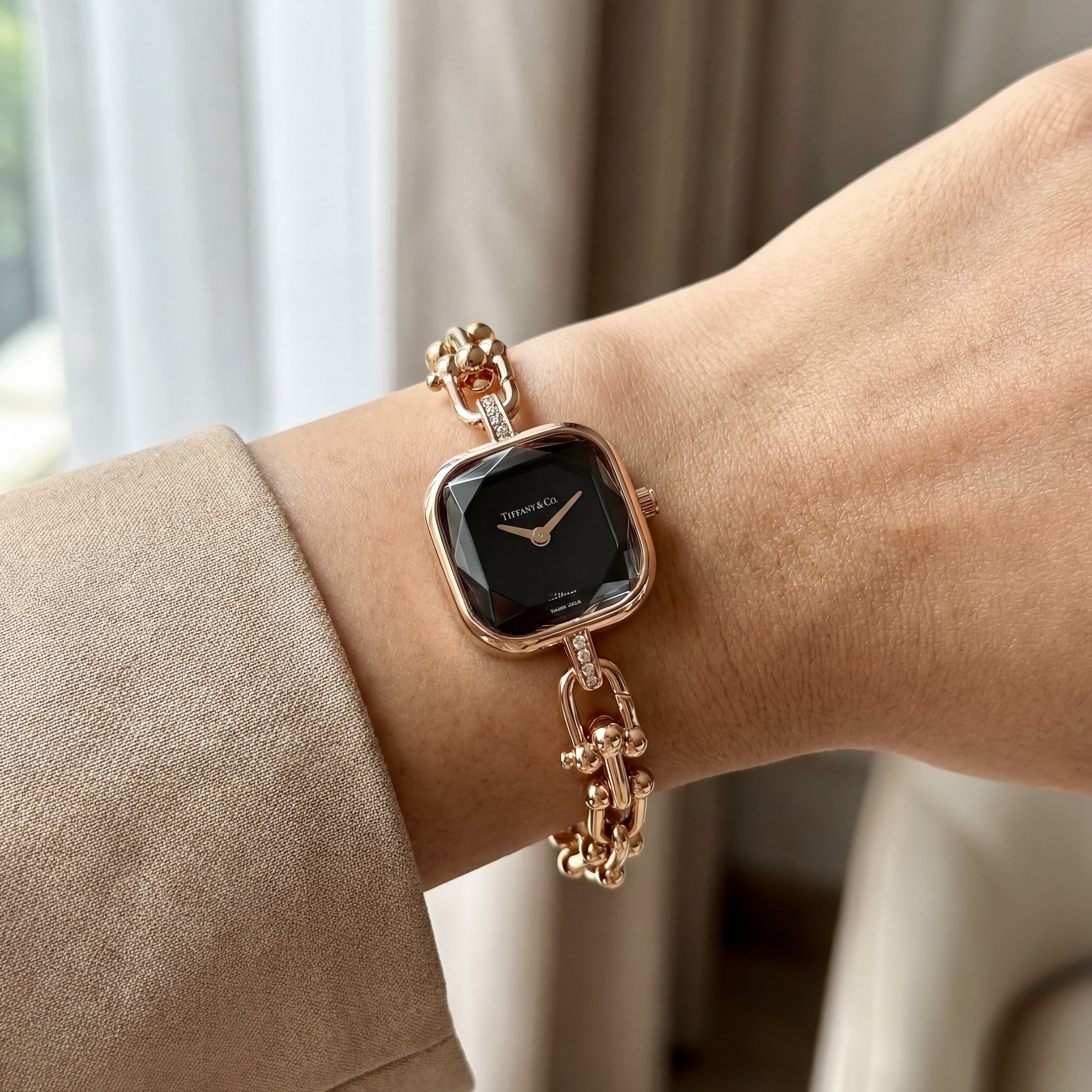 Rose Gold Square Case Black Faceted Dial Jewelry Bracelet Watch – Women