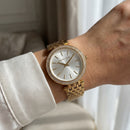 Gold Crystal Bezel Silver Sunray Dial Luxury Bracelet Watch – Women