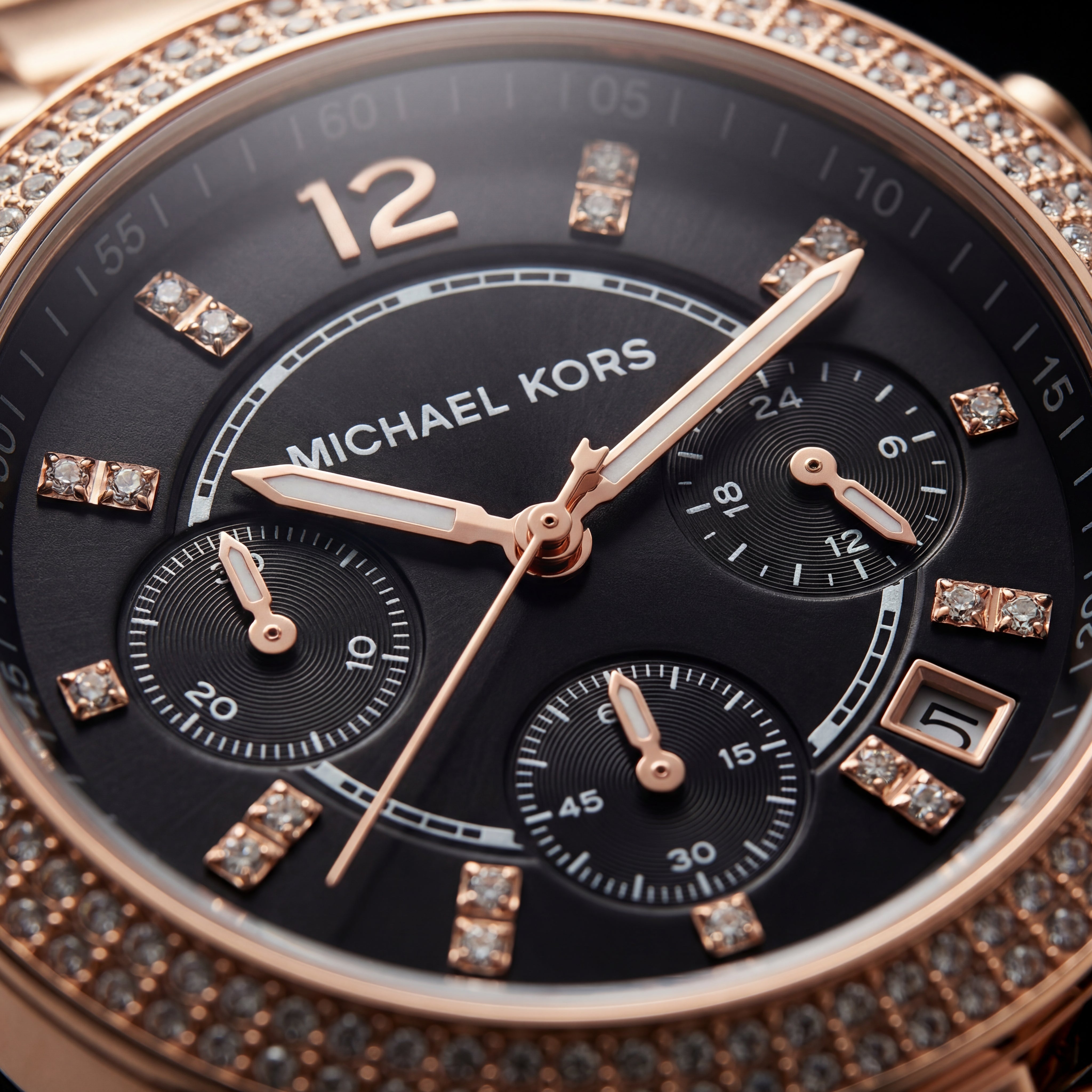 Rose Gold Crystal Bezel Black Chronograph Luxury Bracelet Watch – Women