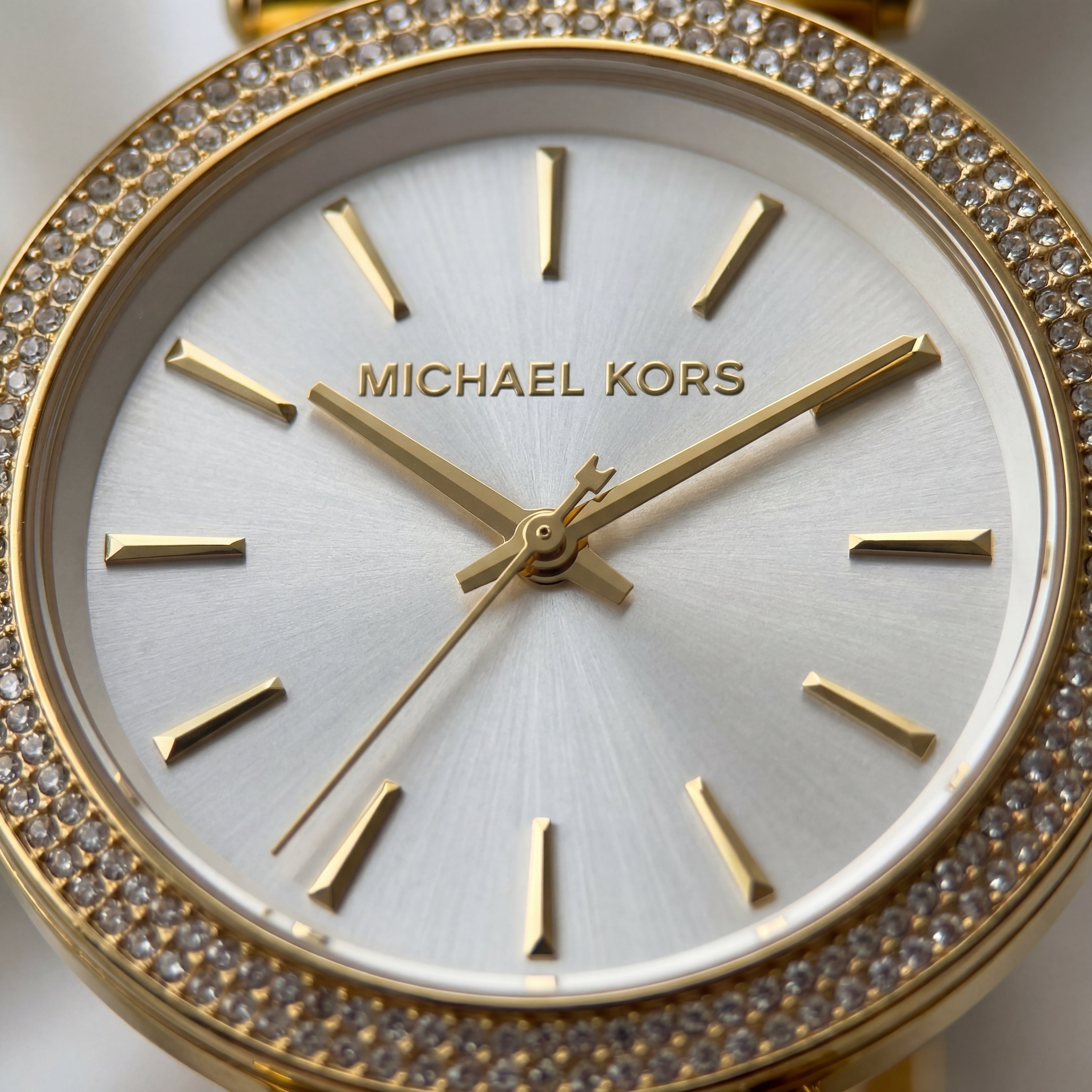Gold Crystal Bezel Silver Sunray Dial Luxury Bracelet Watch – Women