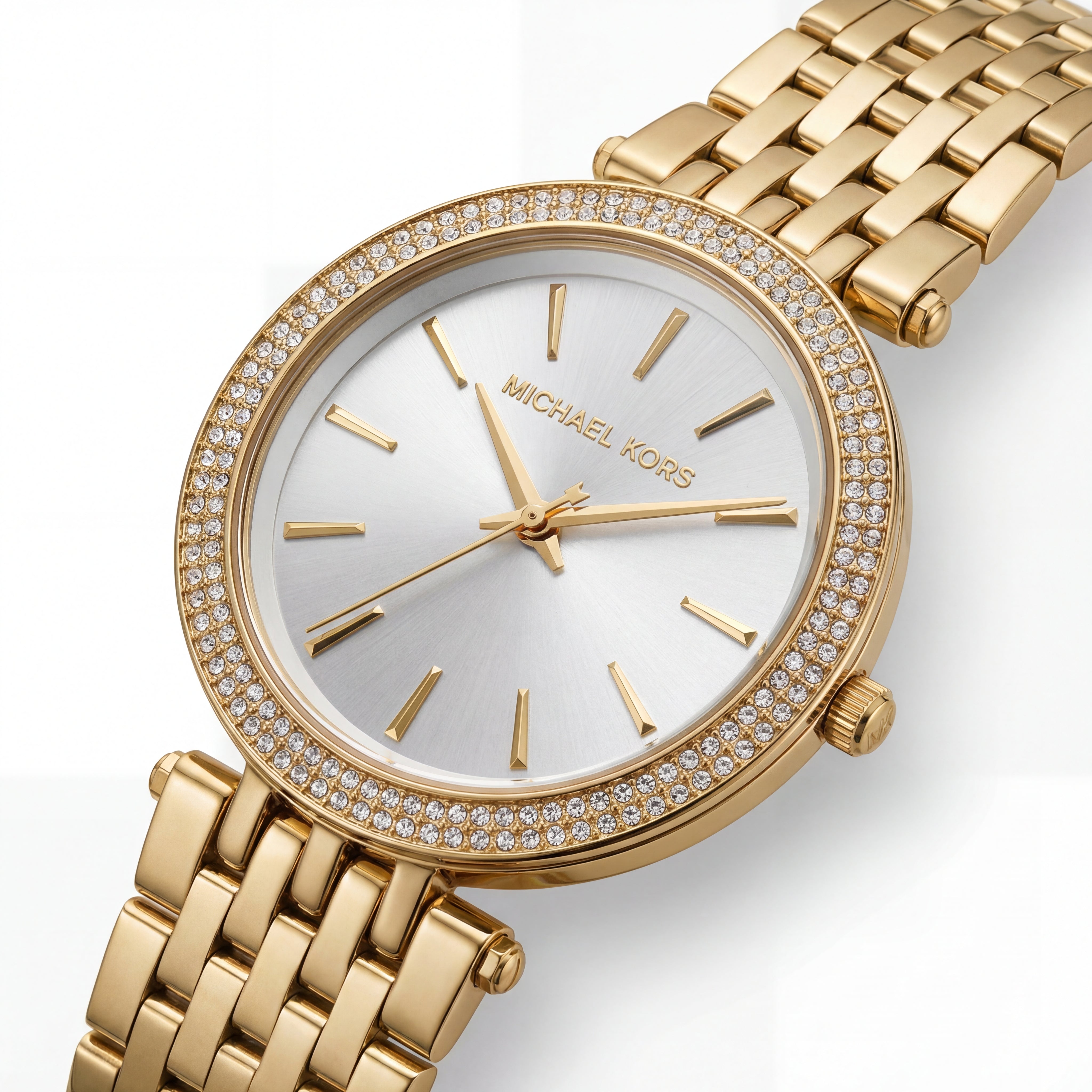 Gold Crystal Bezel Silver Sunray Dial Luxury Bracelet Watch – Women