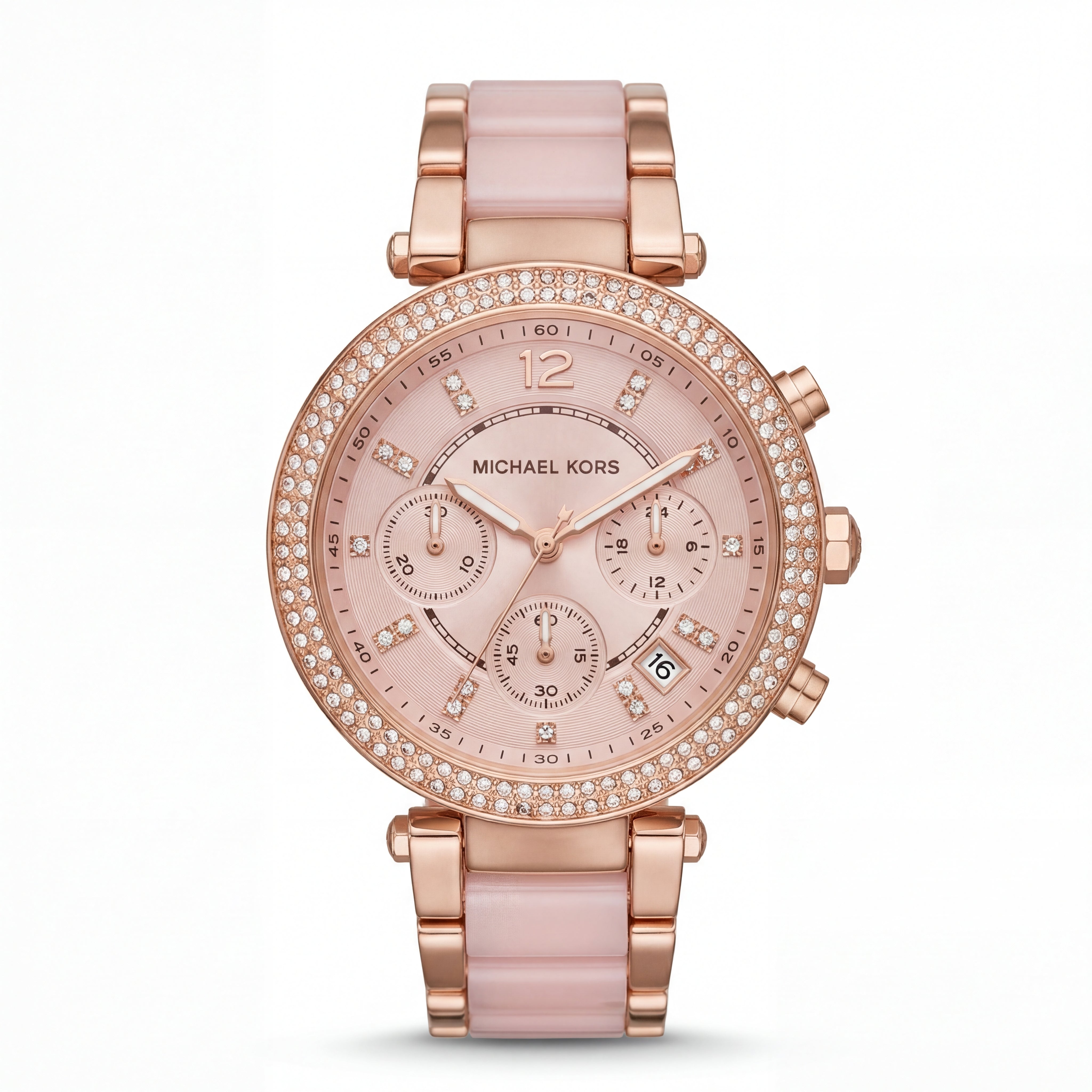 Rose Gold Crystal Bezel Blush Chronograph Dial Luxury Bracelet Watch – Women