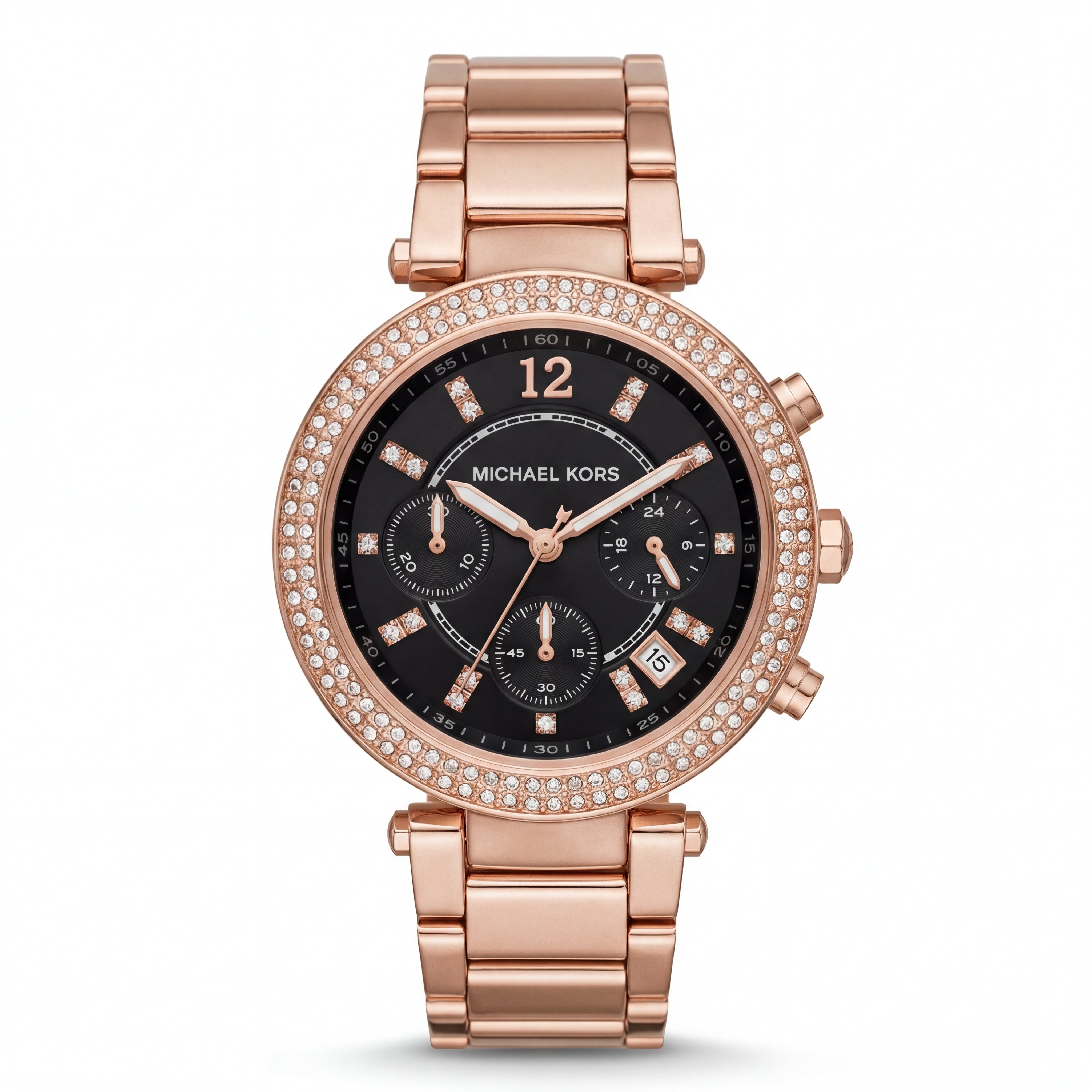 Rose Gold Crystal Bezel Black Chronograph Luxury Bracelet Watch – Women