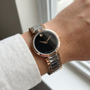 Two-Tone Steel & Rose Gold Minimalist Black Dial Luxury Bracelet Watch – Women