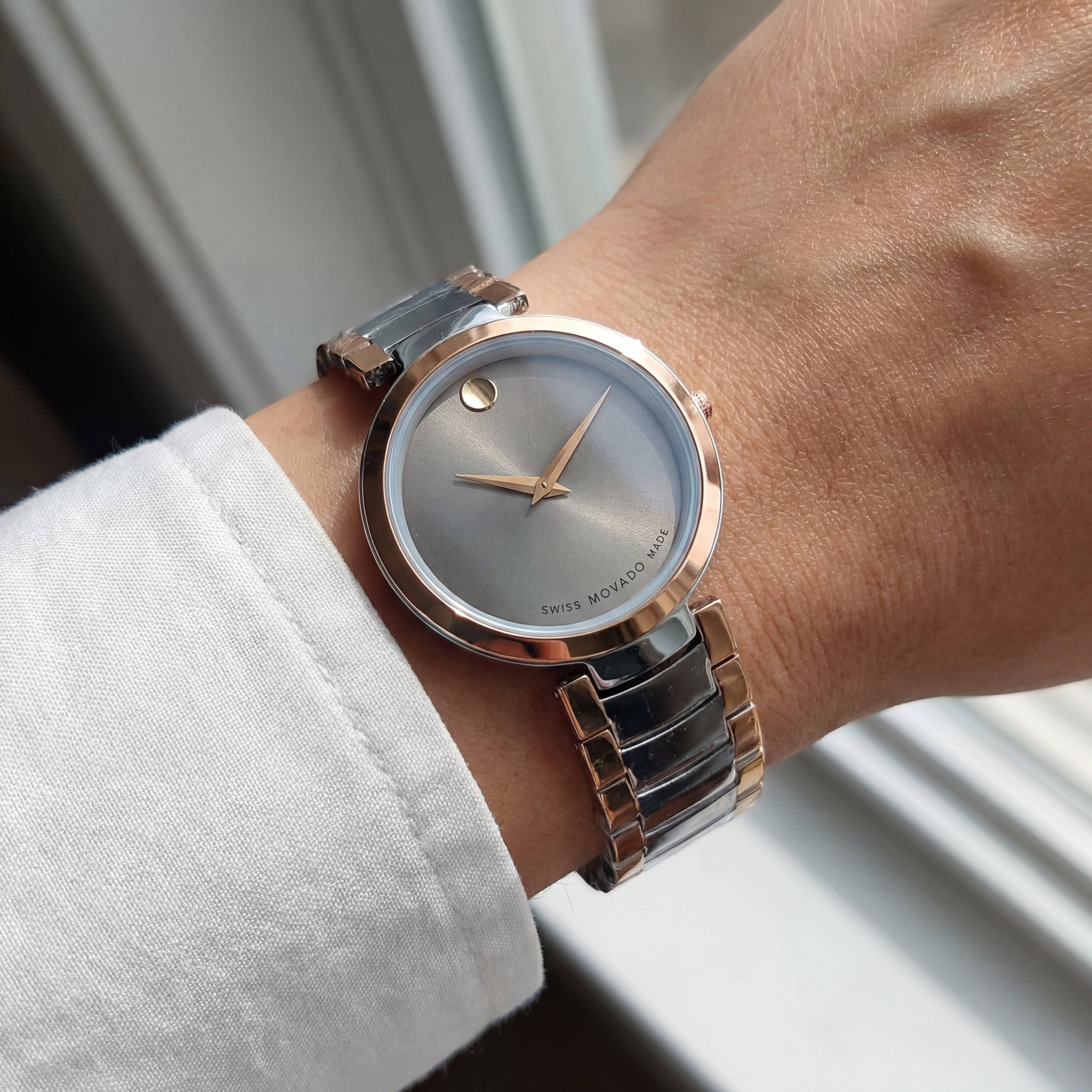 Two-Tone Steel & Rose Gold Minimalist Grey Sunray Dial Luxury Bracelet Watch – Women