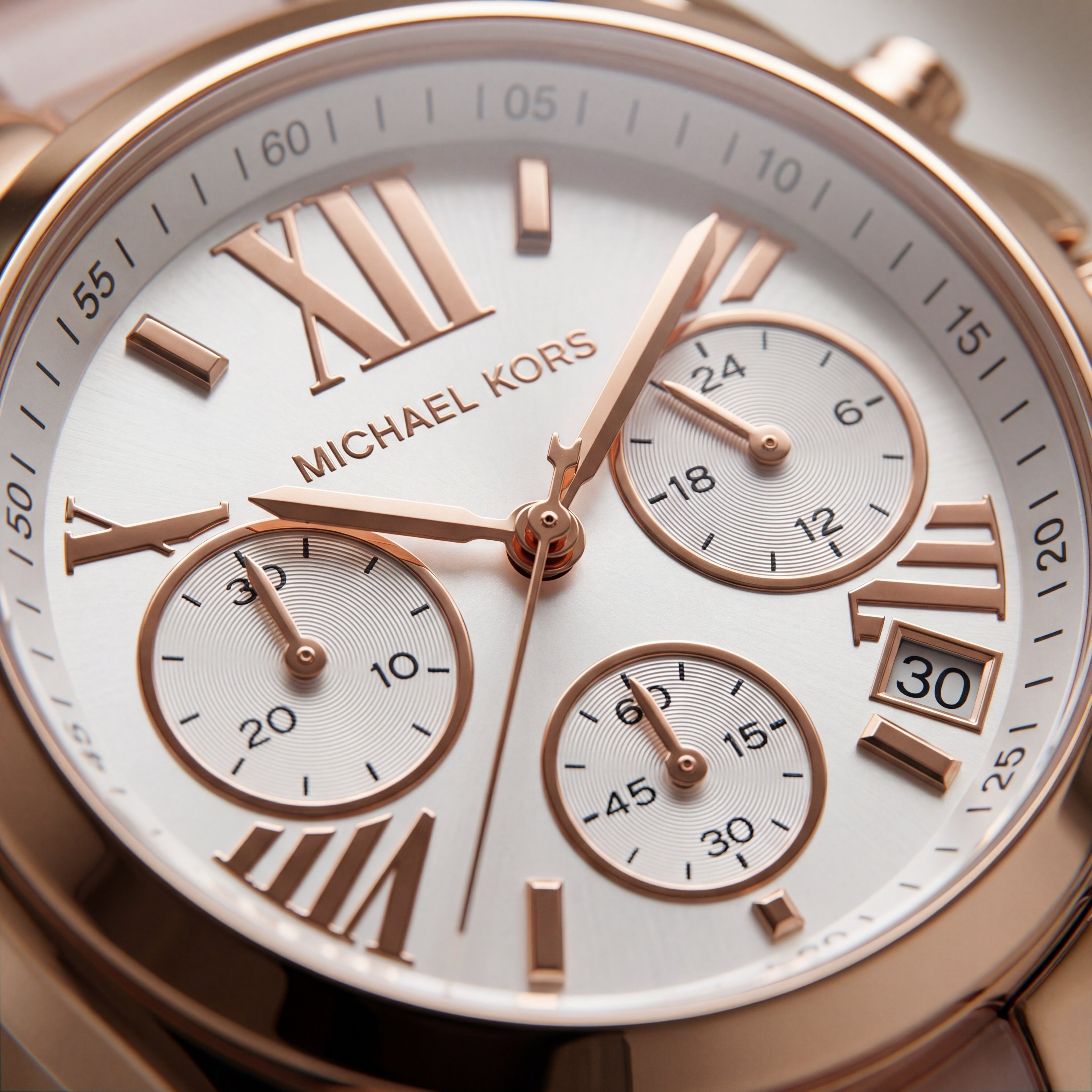 Rose Gold Chronograph White Dial Roman Numeral Luxury Bracelet Watch – Women