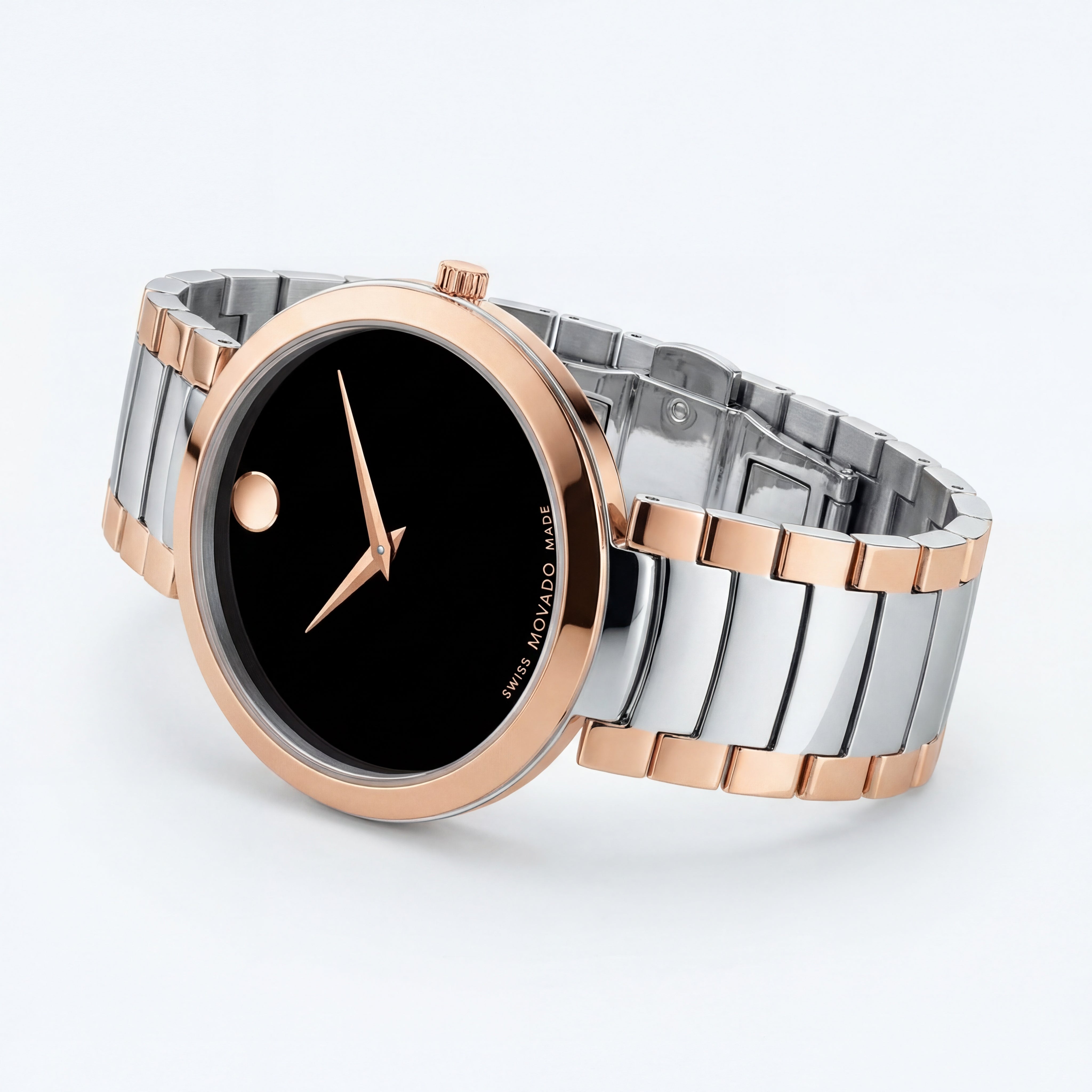 Two-Tone Steel & Rose Gold Minimalist Black Dial Luxury Bracelet Watch – Women