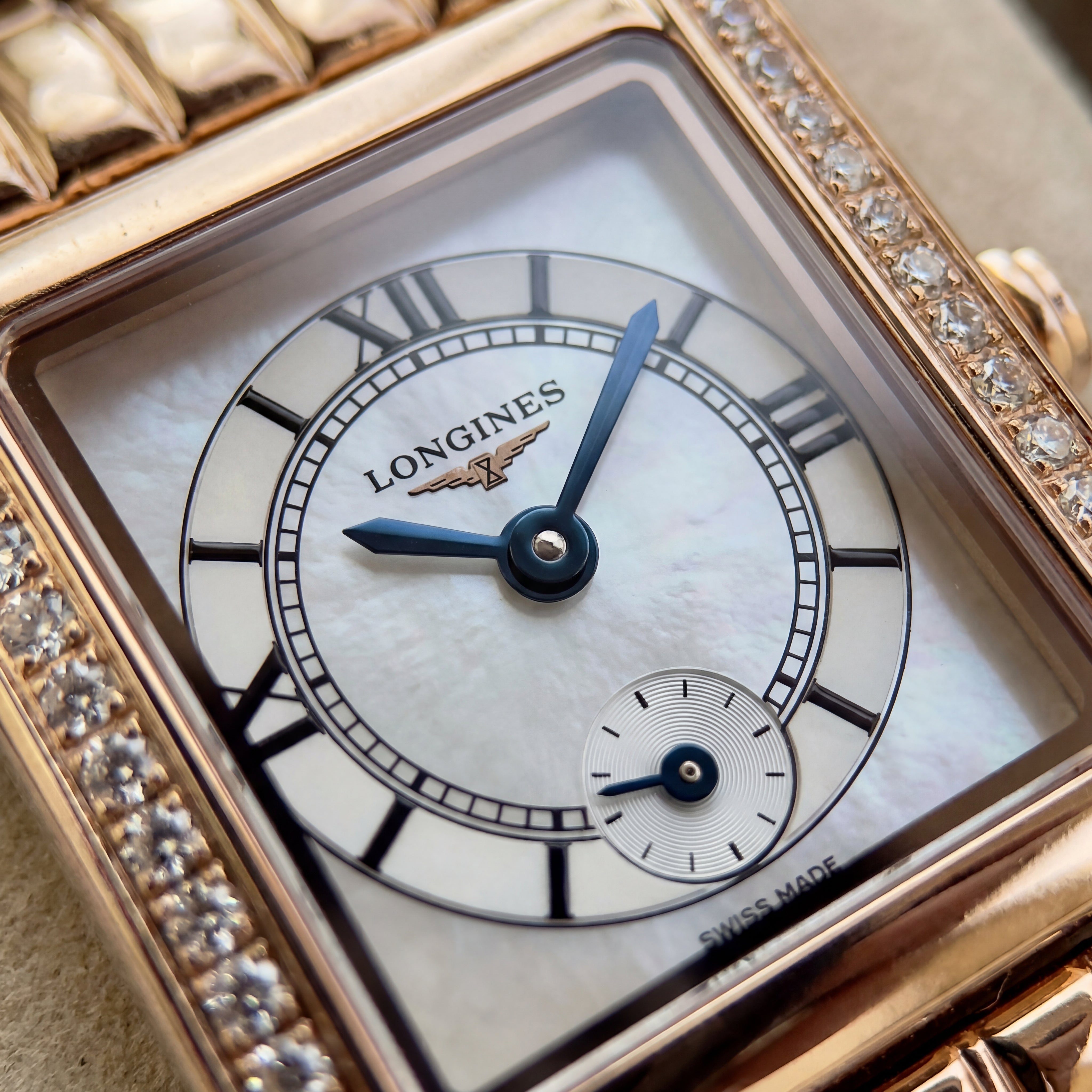Rose Gold Diamond-Set Rectangular Mother-of-Pearl Roman Dial Luxury Bracelet Watch – Women