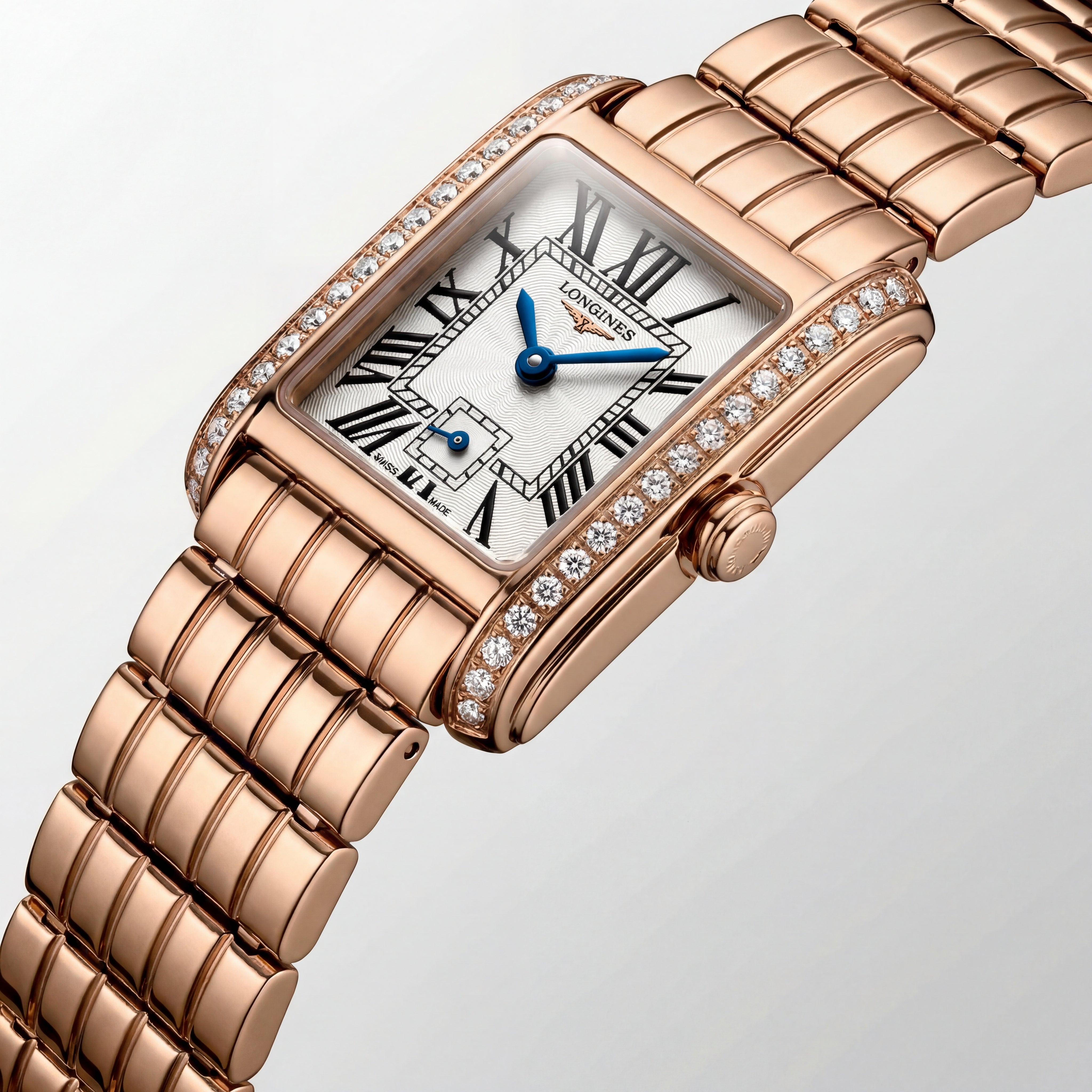 Rose Gold Diamond-Set Rectangular Roman Dial Luxury Bracelet Watch – Women