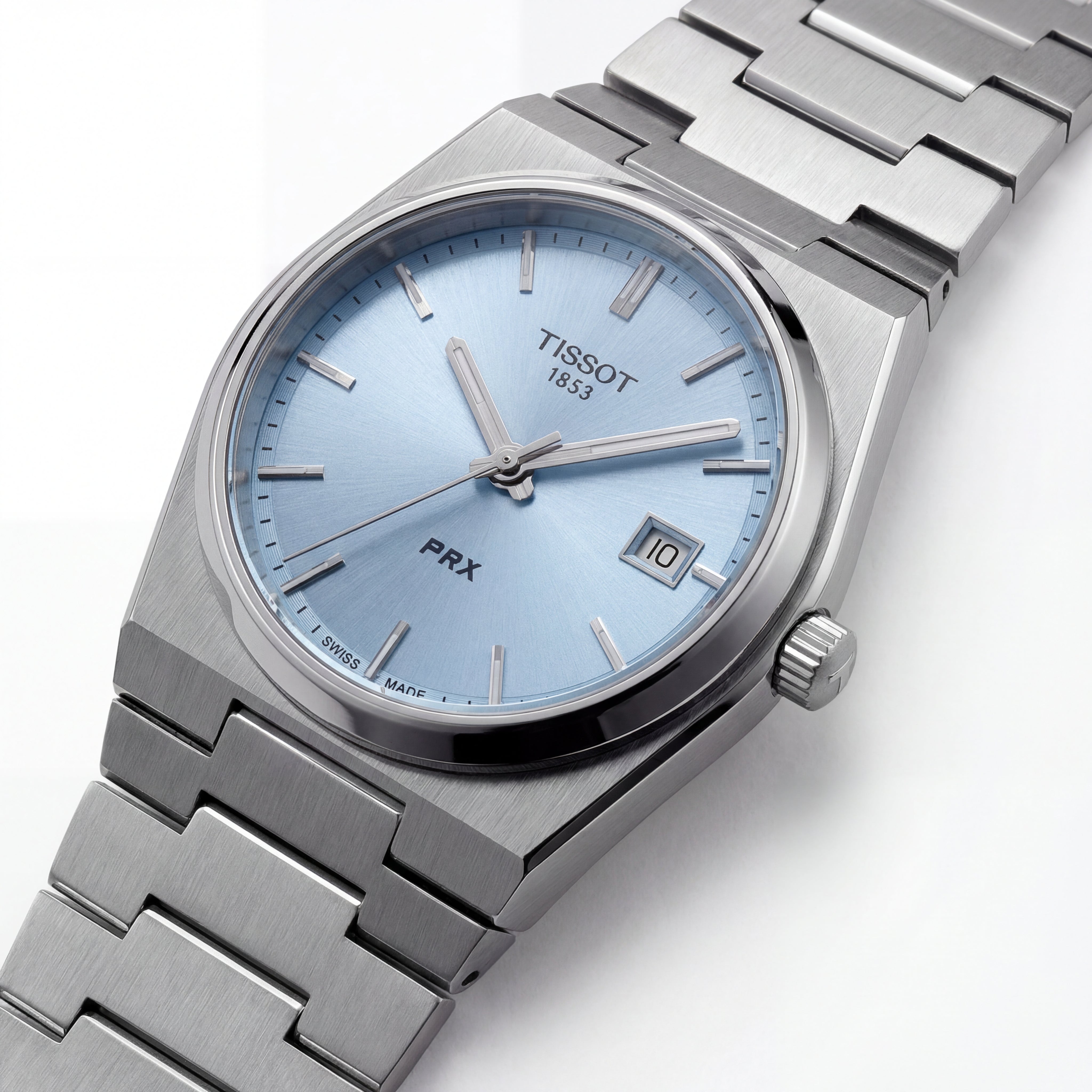 Stainless Steel Integrated Bracelet Ice Blue Sunburst Dial Date Watch – Women