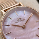 Rose Gold Crystal Bezel Pink Mother-of-Pearl Dial Mesh Strap Watch