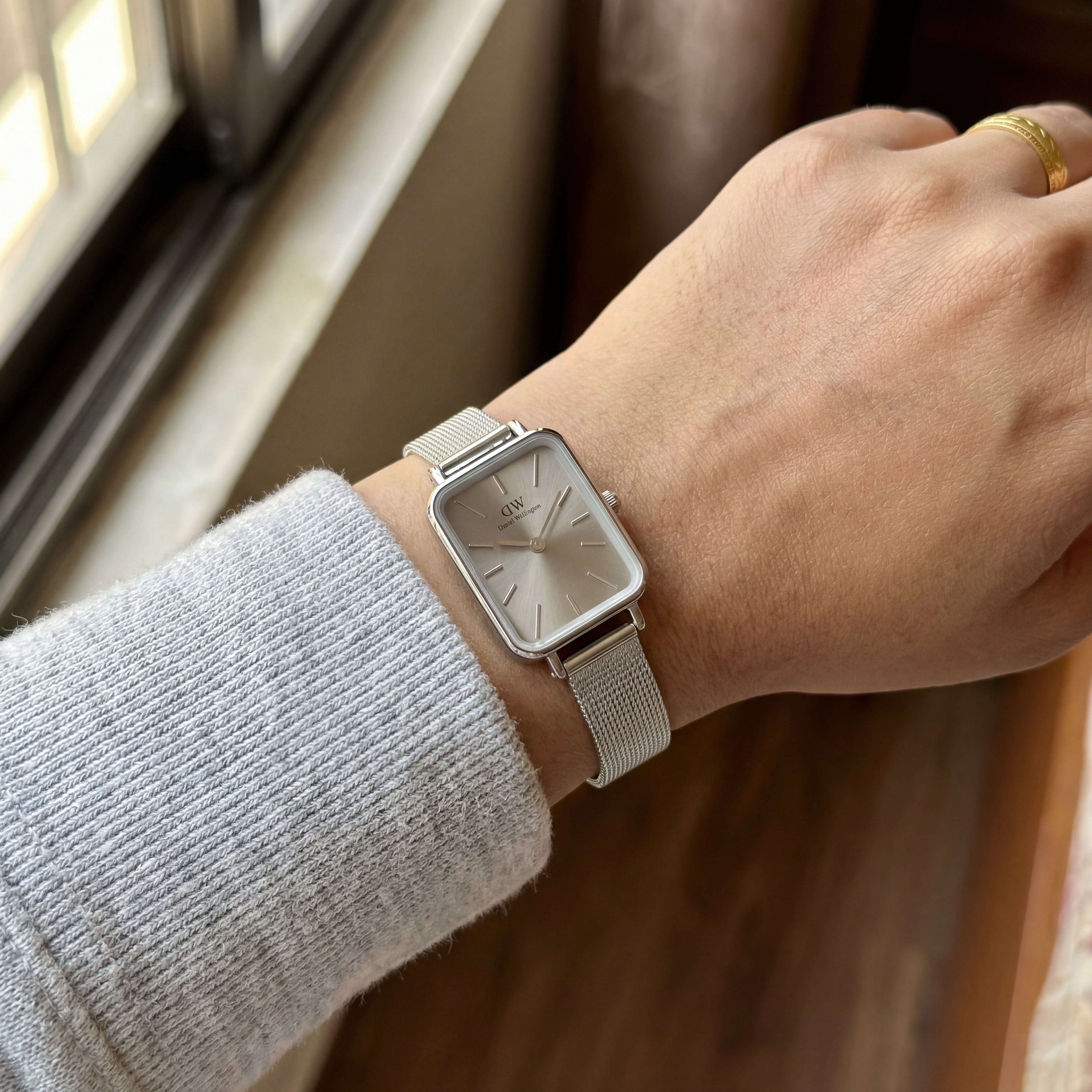 Silver Rectangular Sunray Dial Mesh Strap Minimal Watch