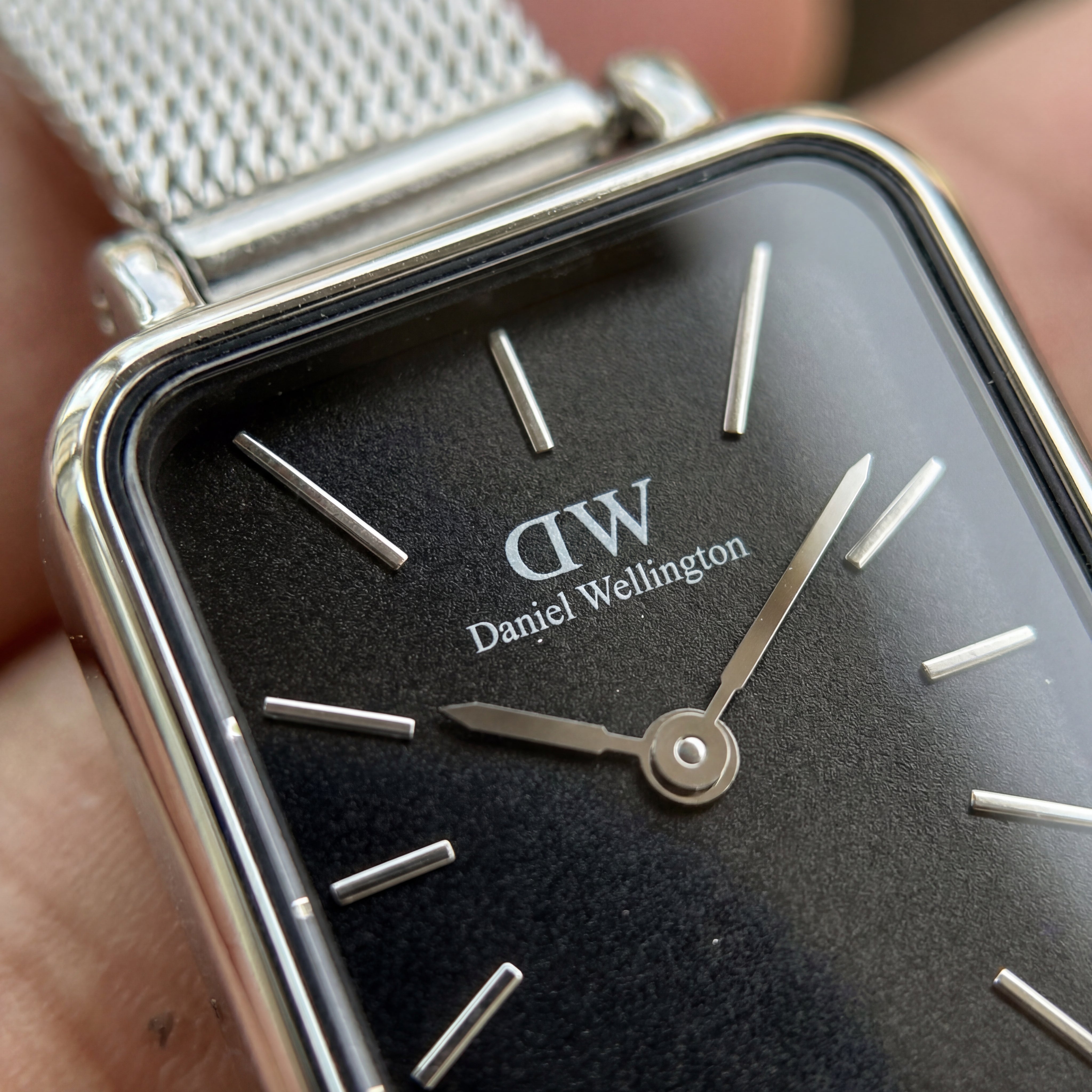 Midnight Black Rectangular Dial Silver Mesh Minimal Watch