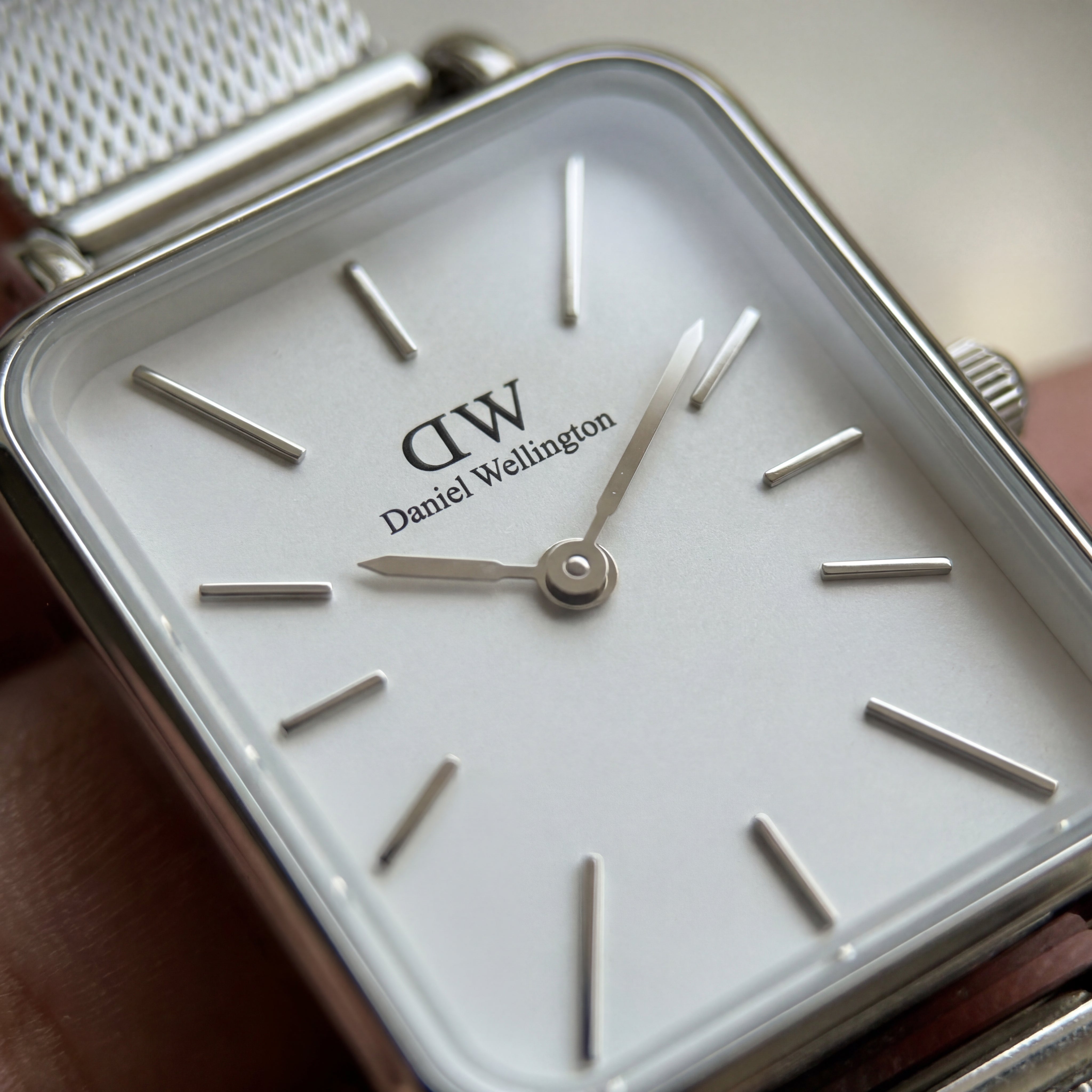 Classic White Rectangular Dial Silver Mesh Minimal Watch