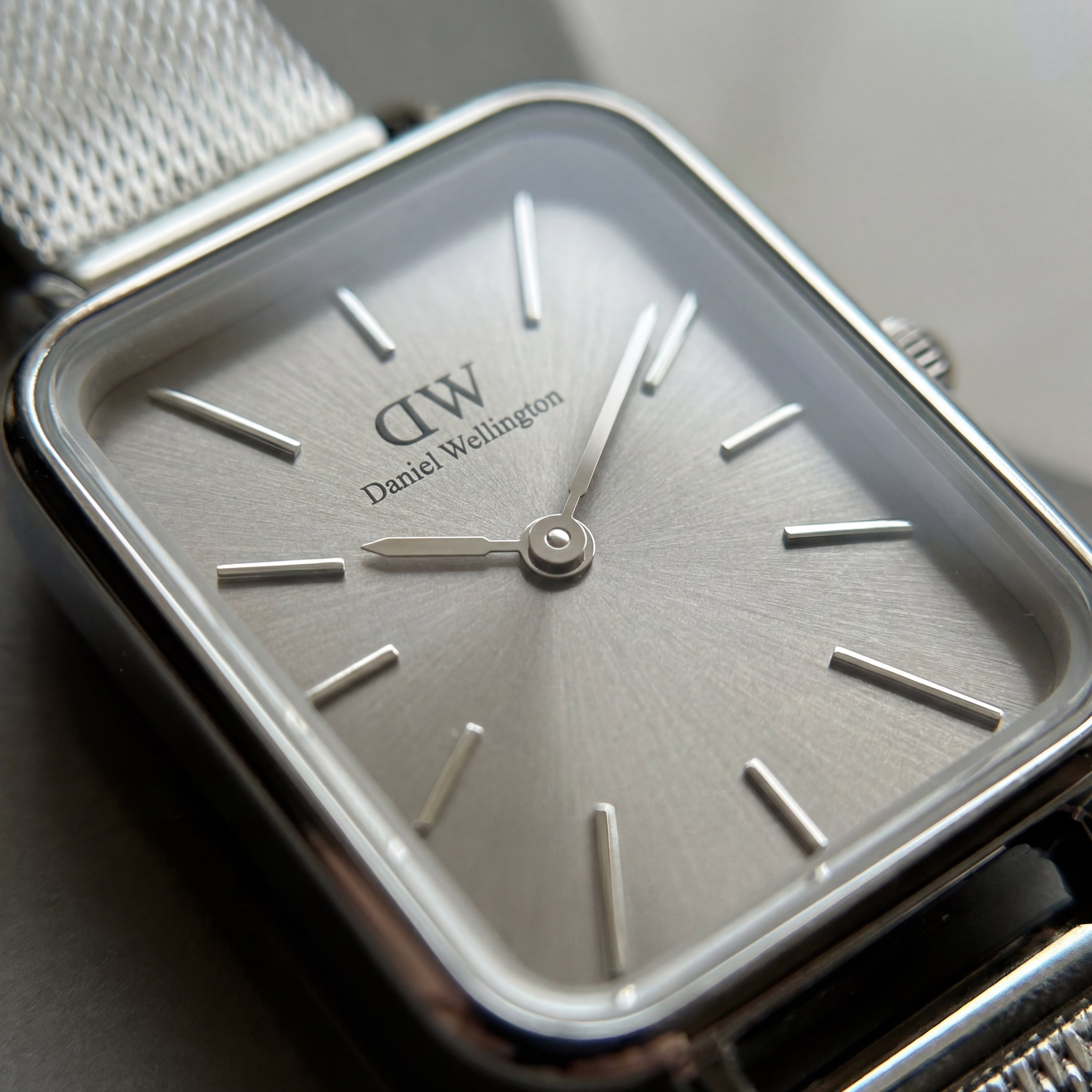Silver Rectangular Sunray Dial Mesh Strap Minimal Watch