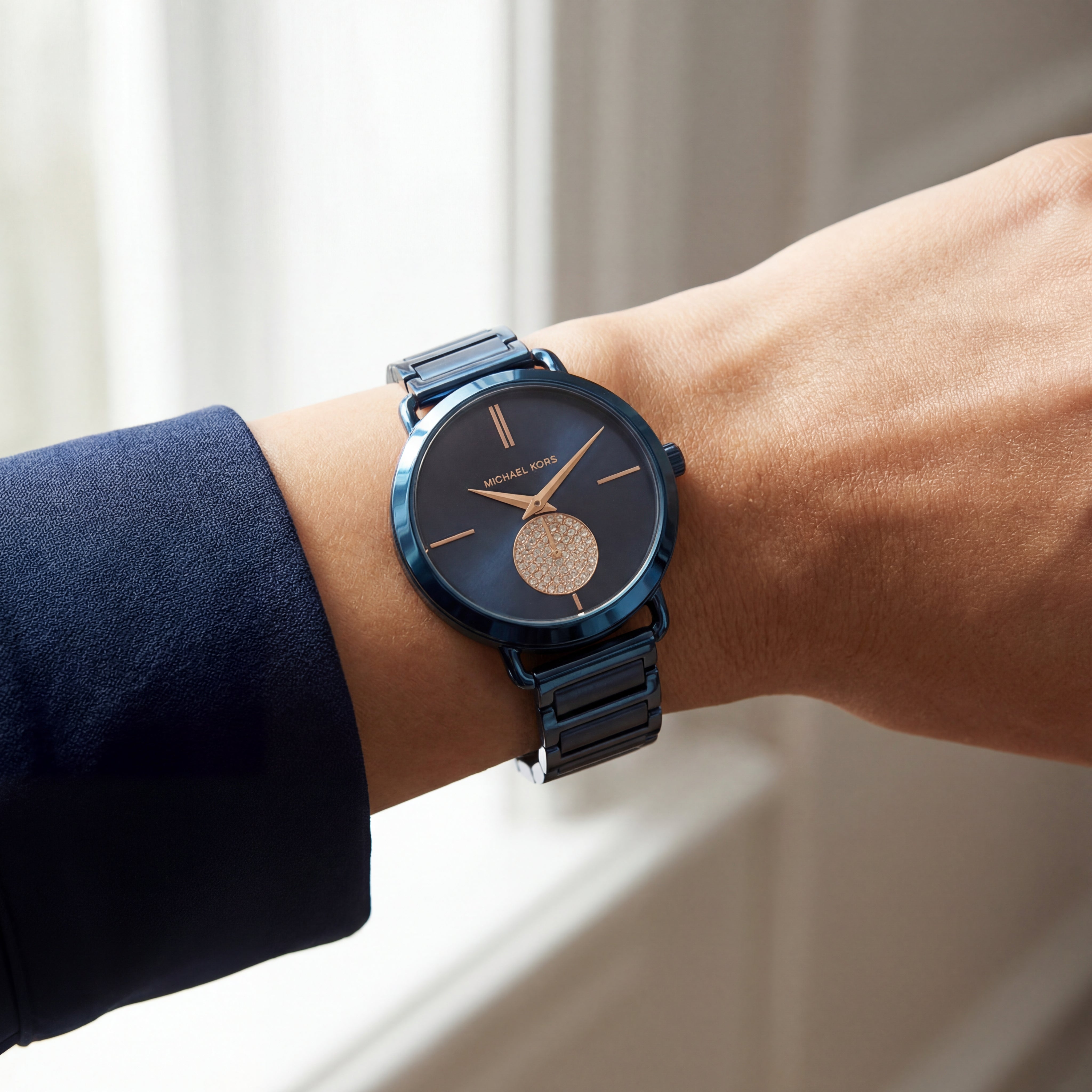 Midnight Blue Rose Accent Minimal Crystal Subdial Watch