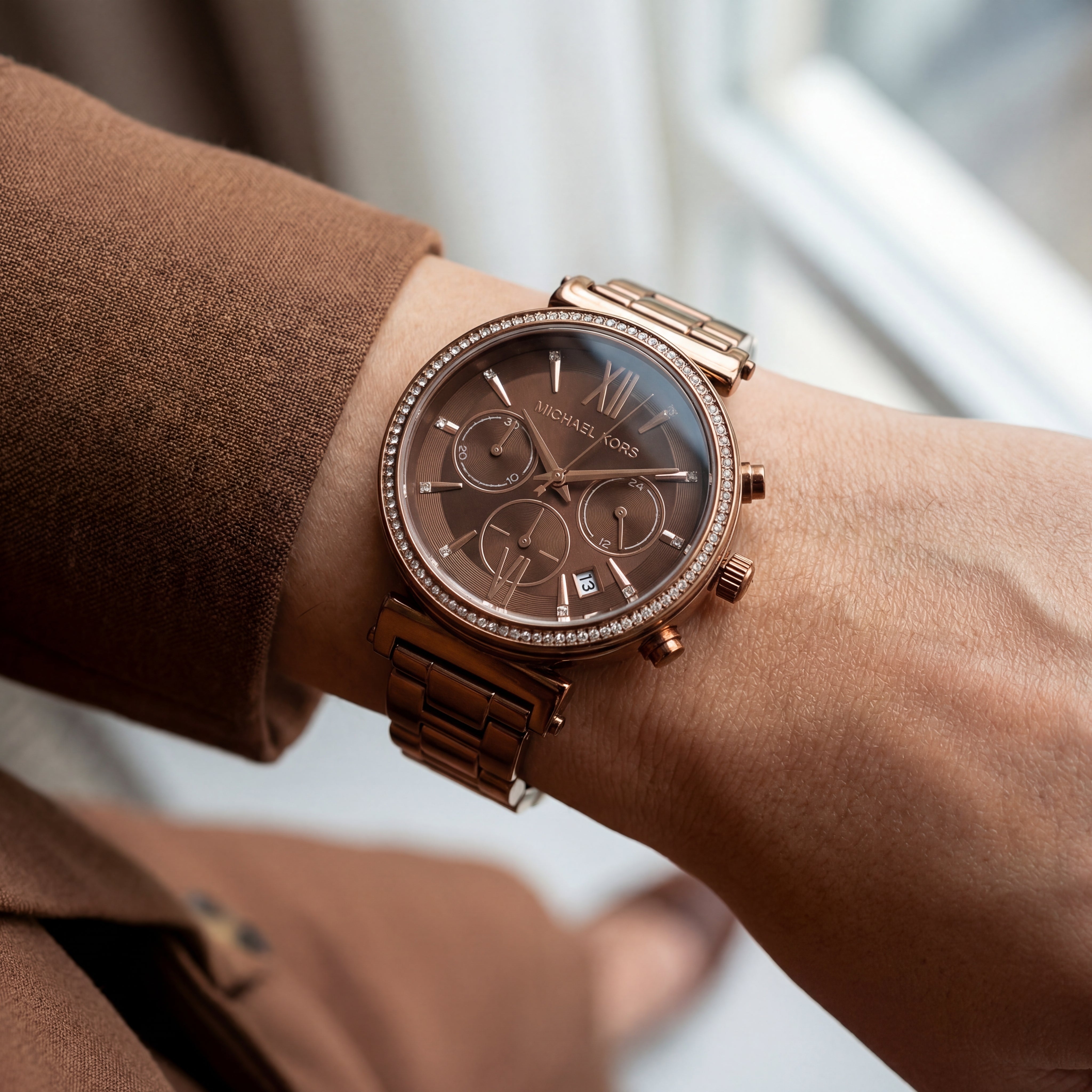 Chocolate Brown Dial Rose Gold Crystal Chronograph Watch