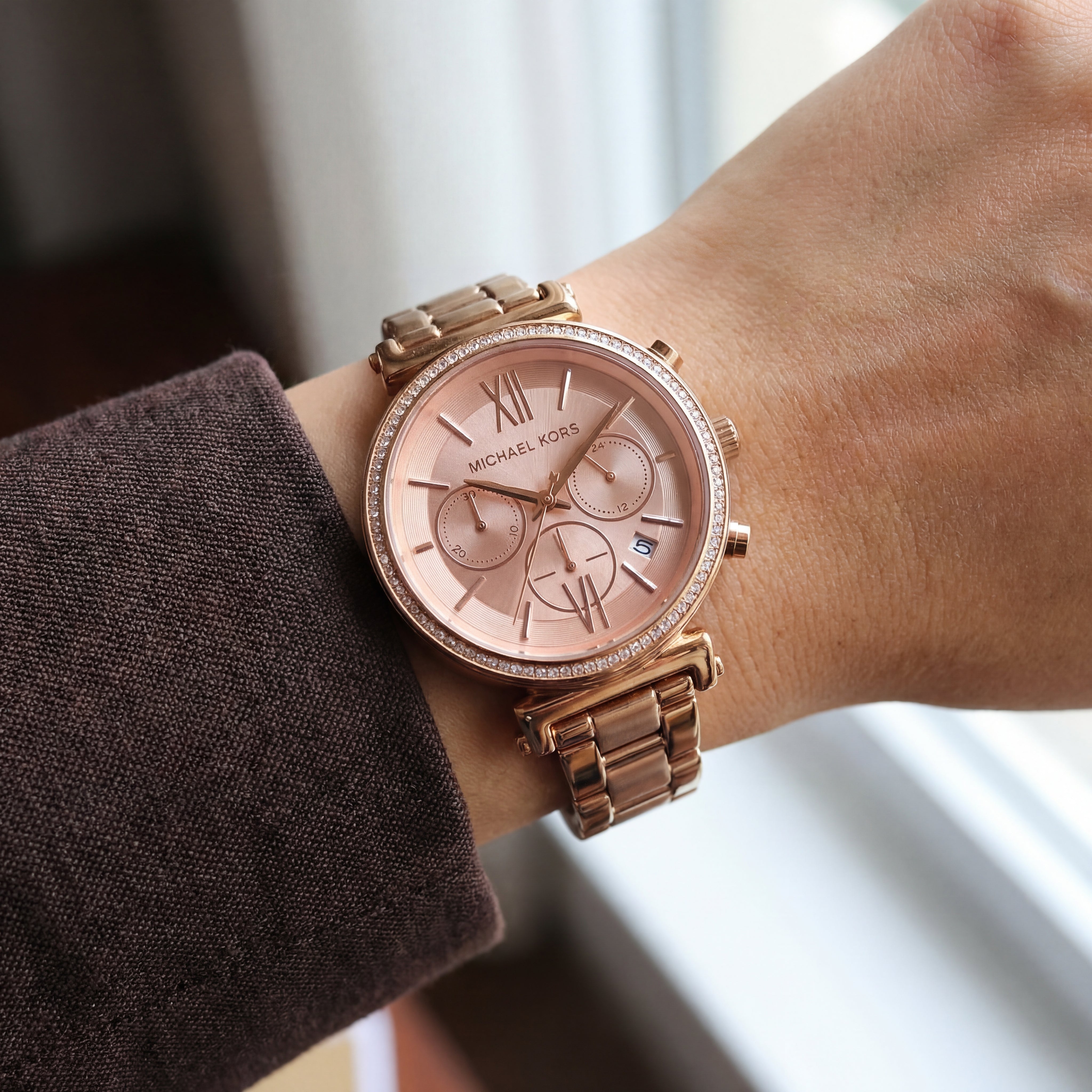 Full Rose Gold Crystal Bezel Chronograph Bracelet Watch