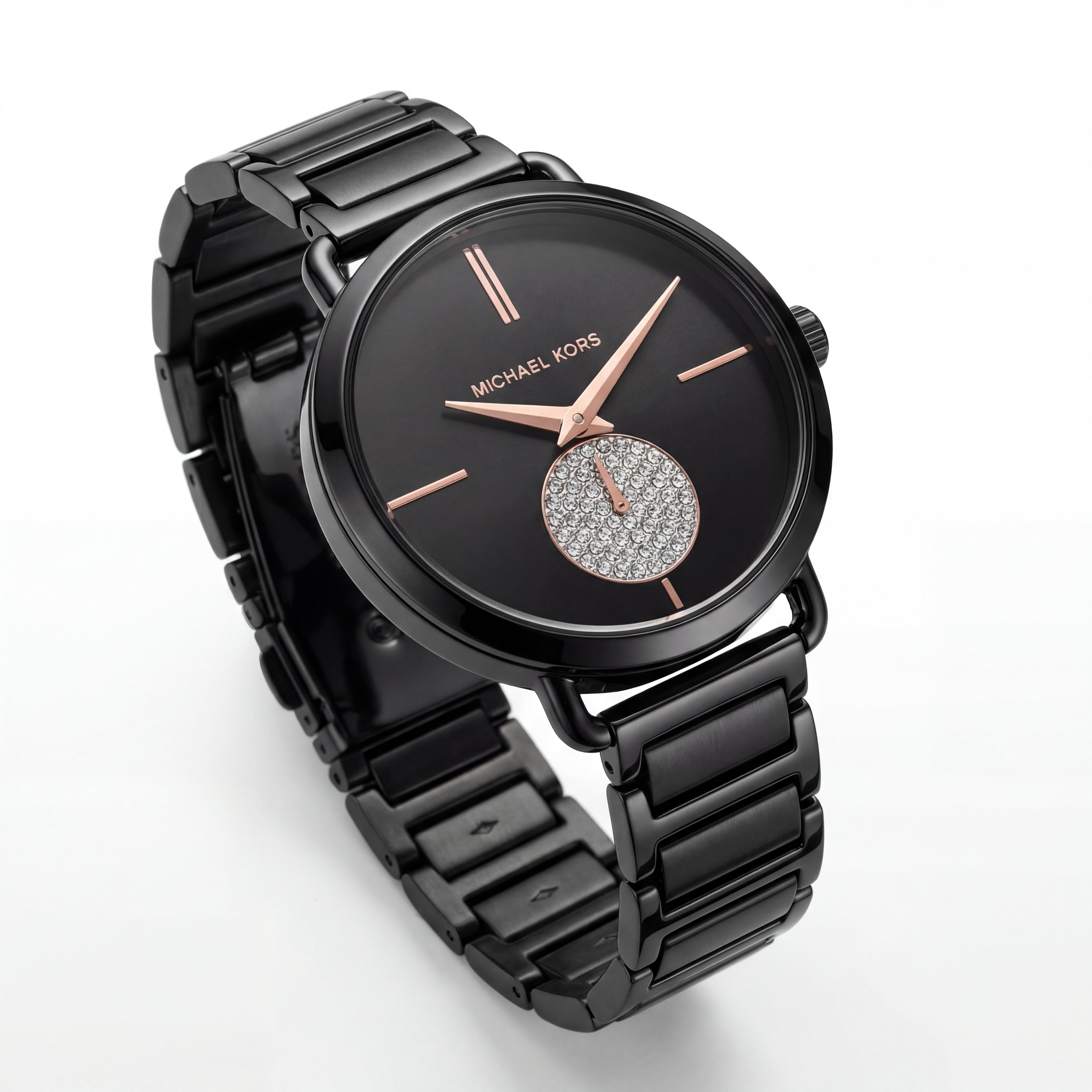 Midnight Black Rose Accent Crystal Subdial Minimal Watch