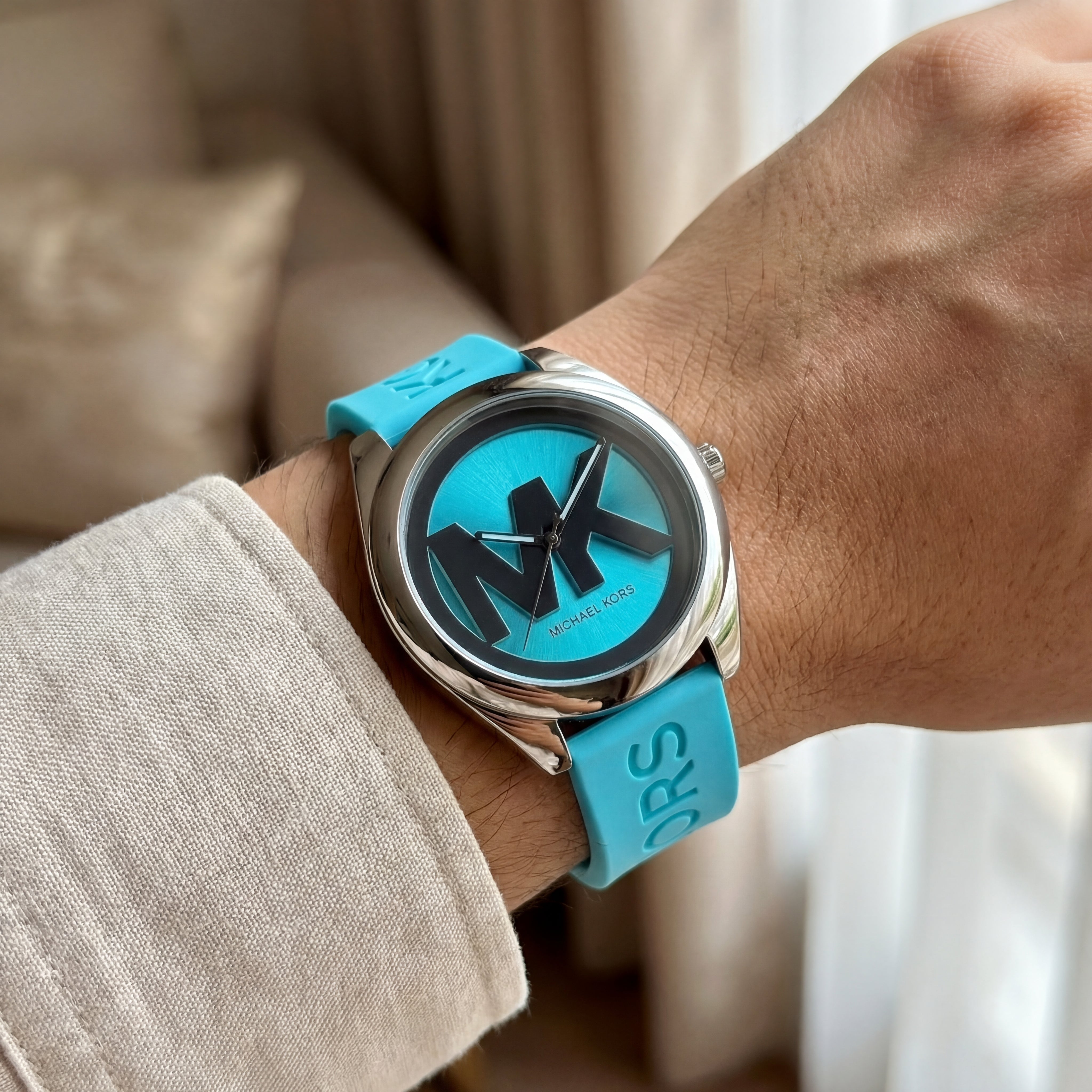 Aqua Blue MK Logo Dial Silicone Strap Statement Watch