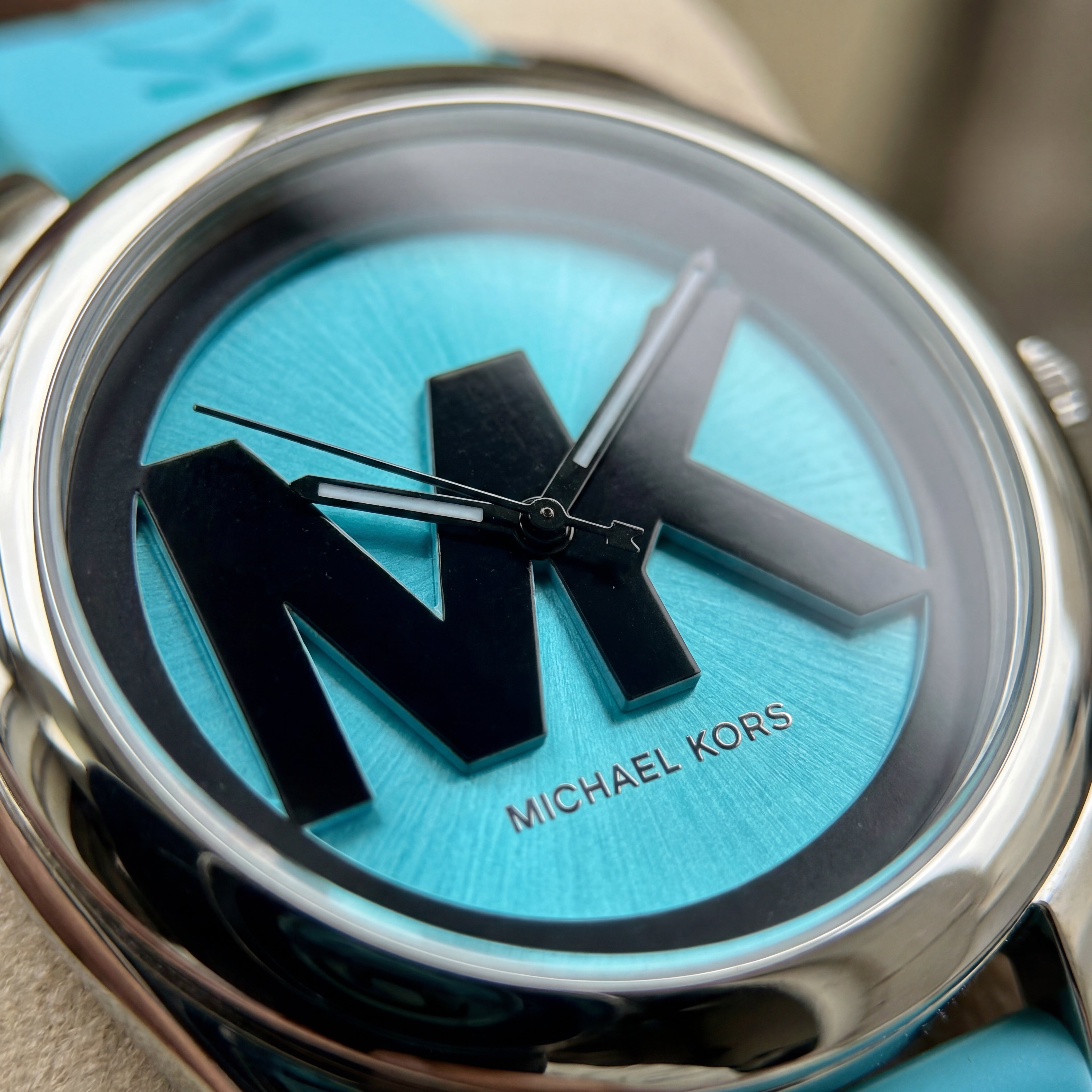 Aqua Blue MK Logo Dial Silicone Strap Statement Watch