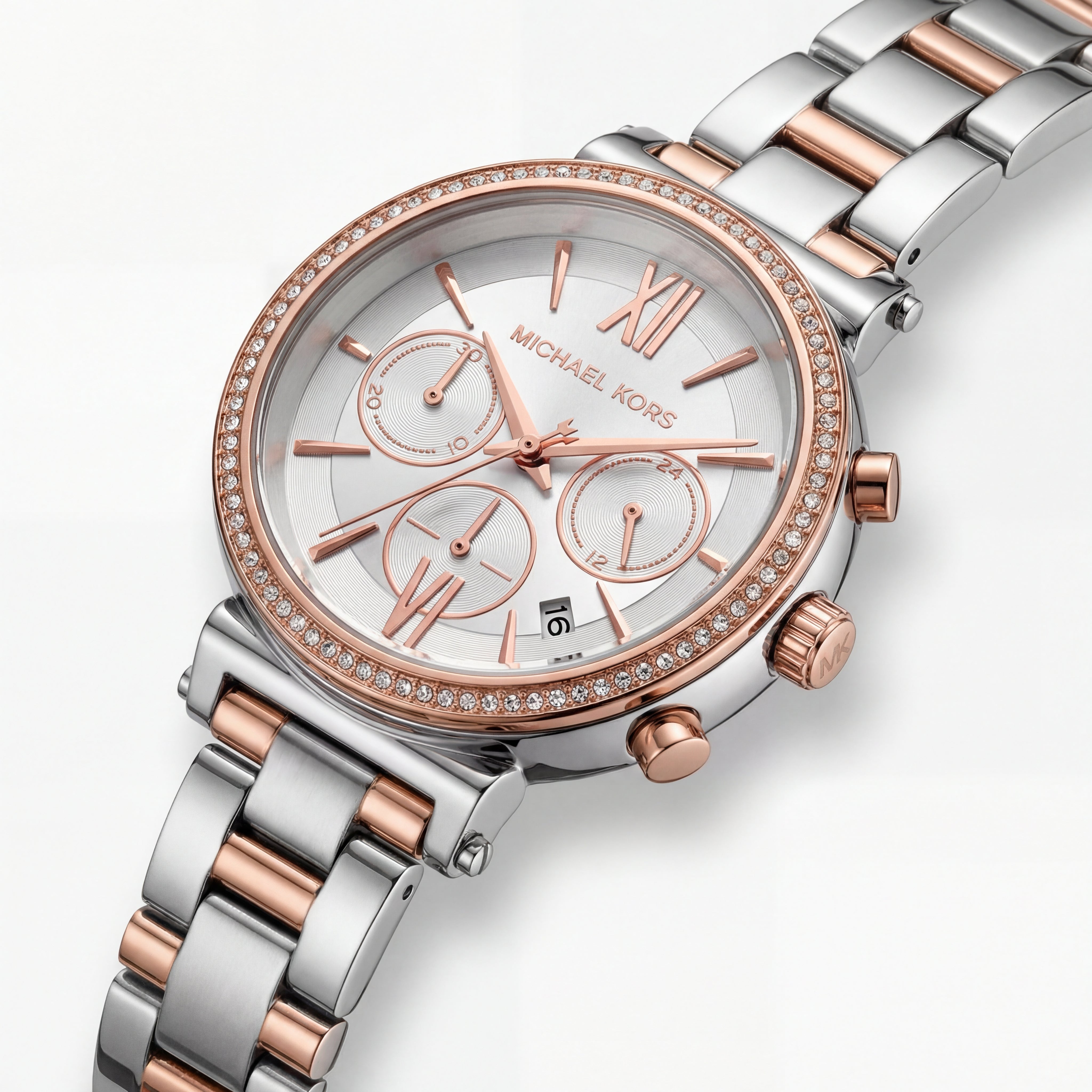 Two-Tone Silver Rose Gold Crystal Chronograph Watch