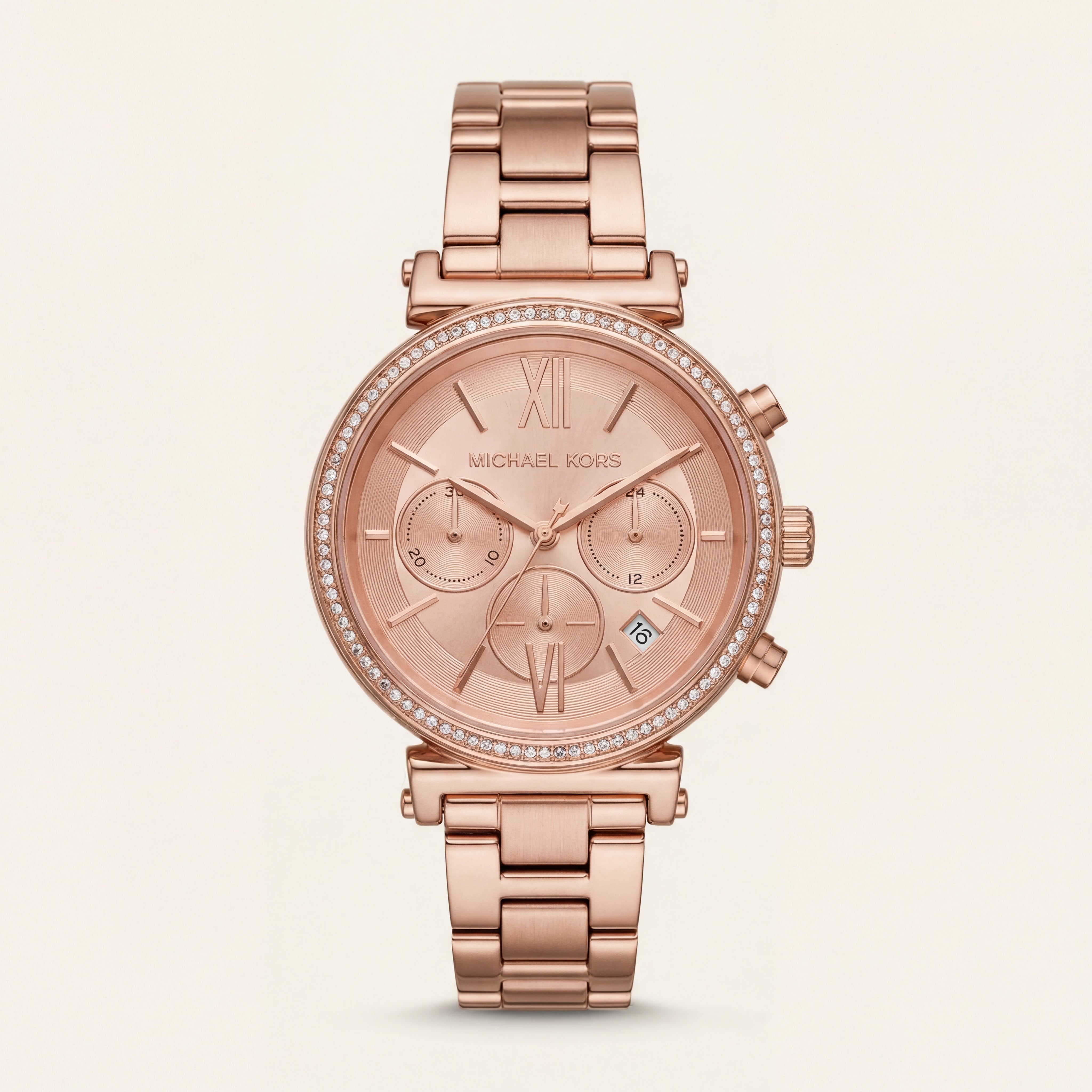 Full Rose Gold Crystal Bezel Chronograph Bracelet Watch