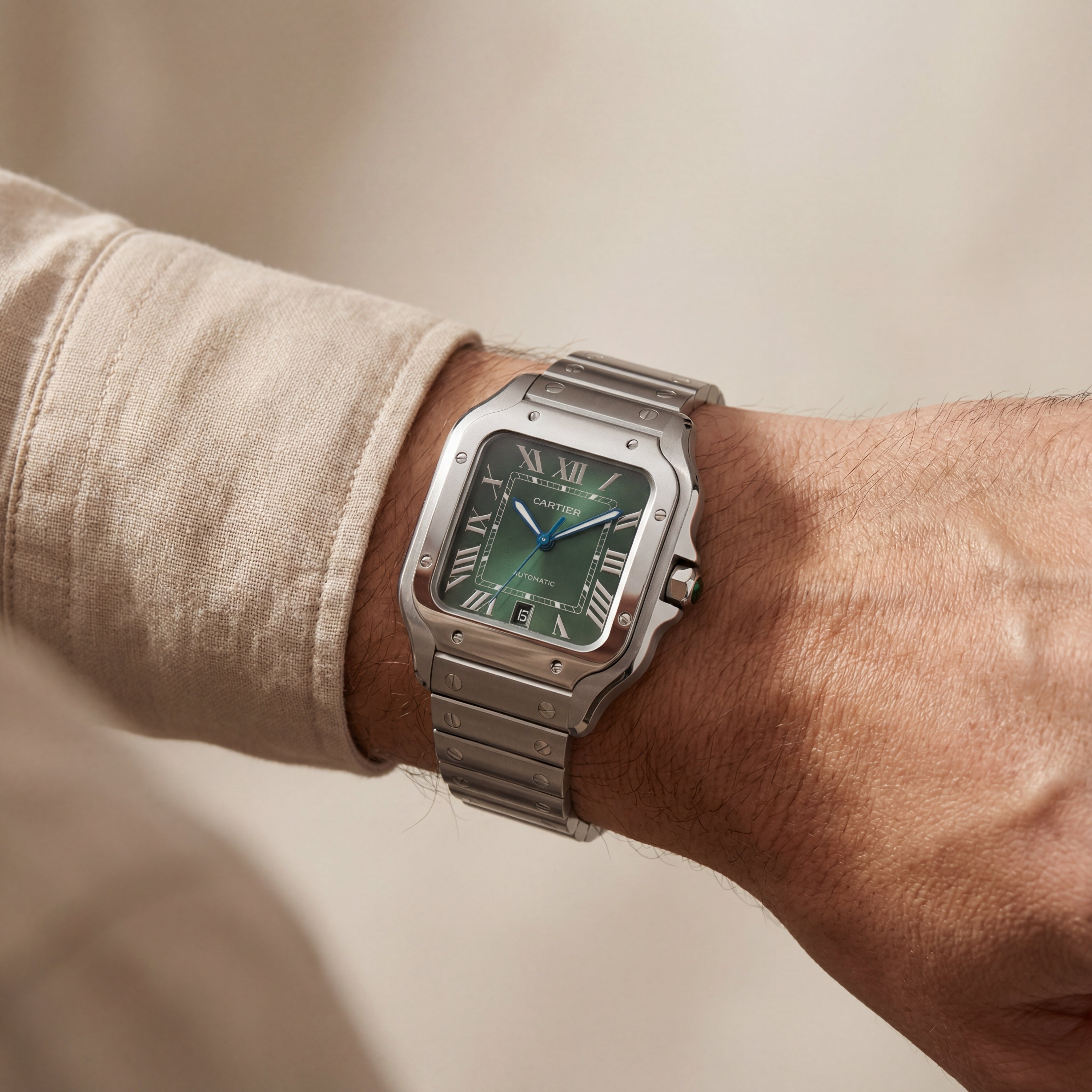 Emerald Green Square Roman Dial Steel Watch