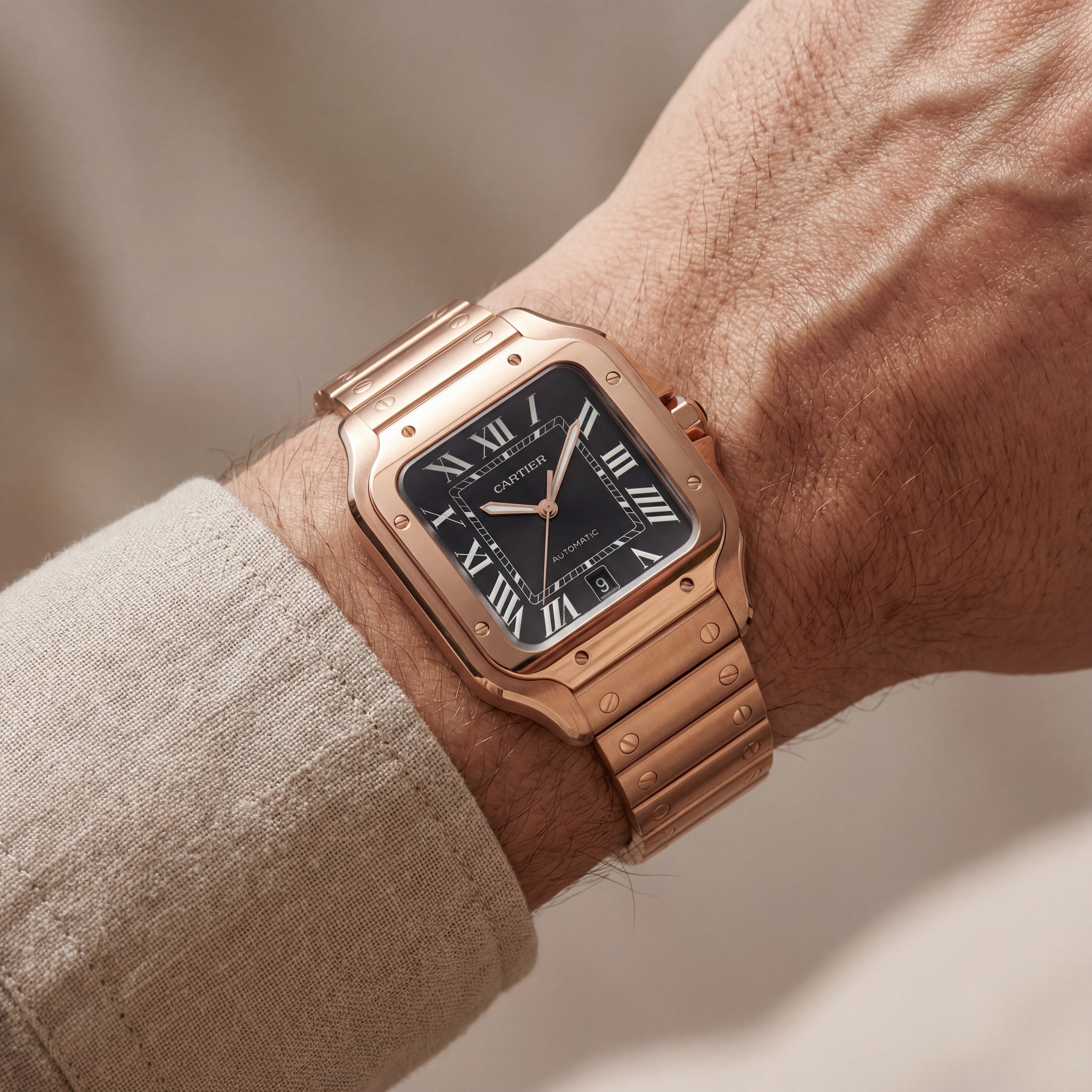 Rose Gold Square Automatic Roman Dial Steel Watch
