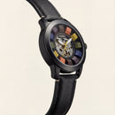 Multicolor Skeleton Dial Black Case Leather Strap Men’s Watch