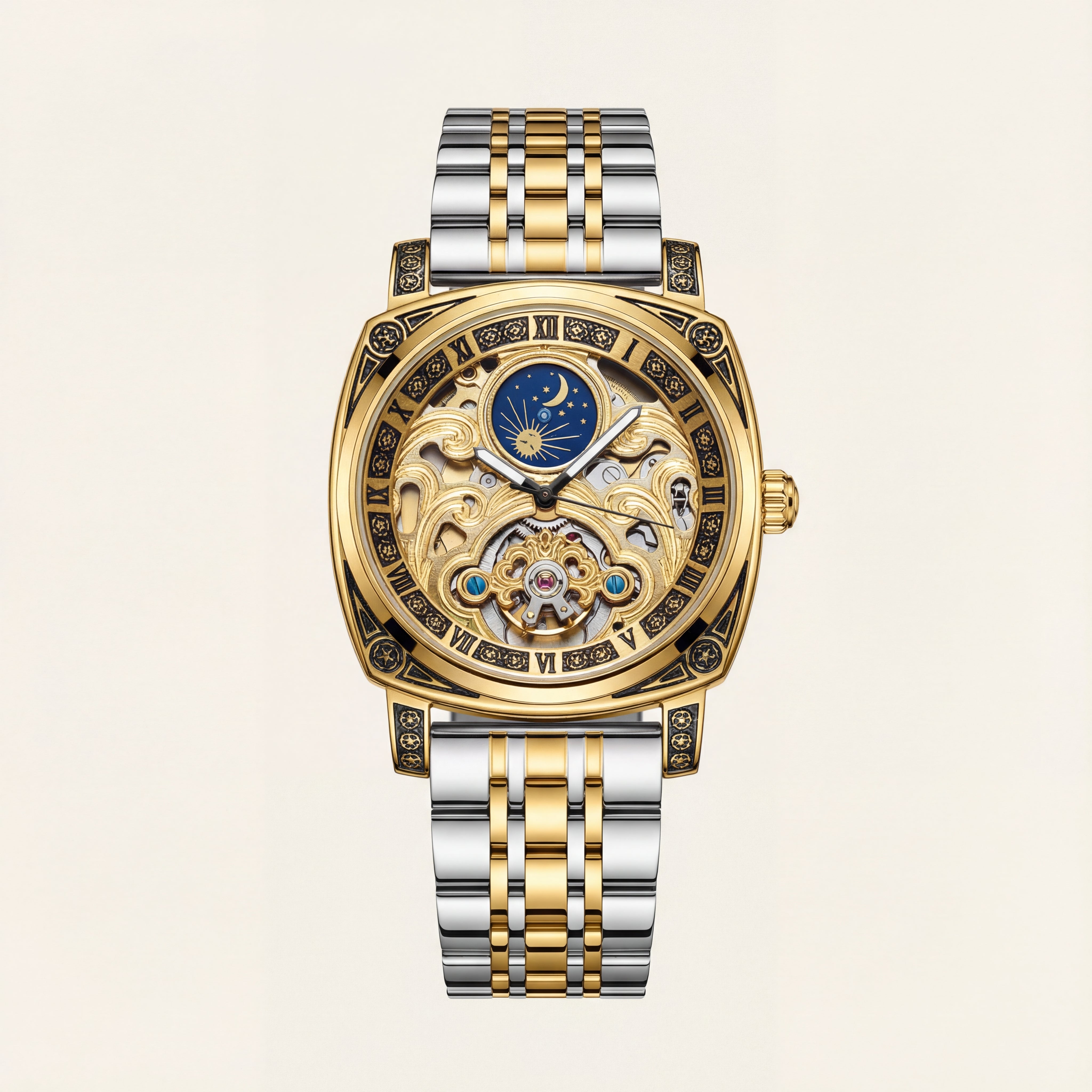 Gold Skeleton Moonphase Open-Heart Automatic Men’s WatcH